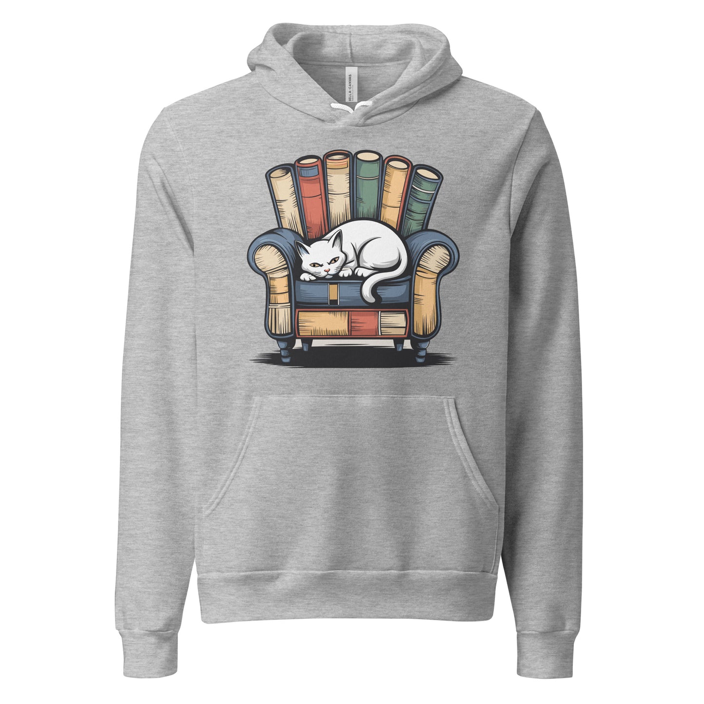 Cat Relaxing - Athletic Heather Premium Hoodie with sleeping cat on books design, cozy pet lover apparel, Bella+Canvas 3719