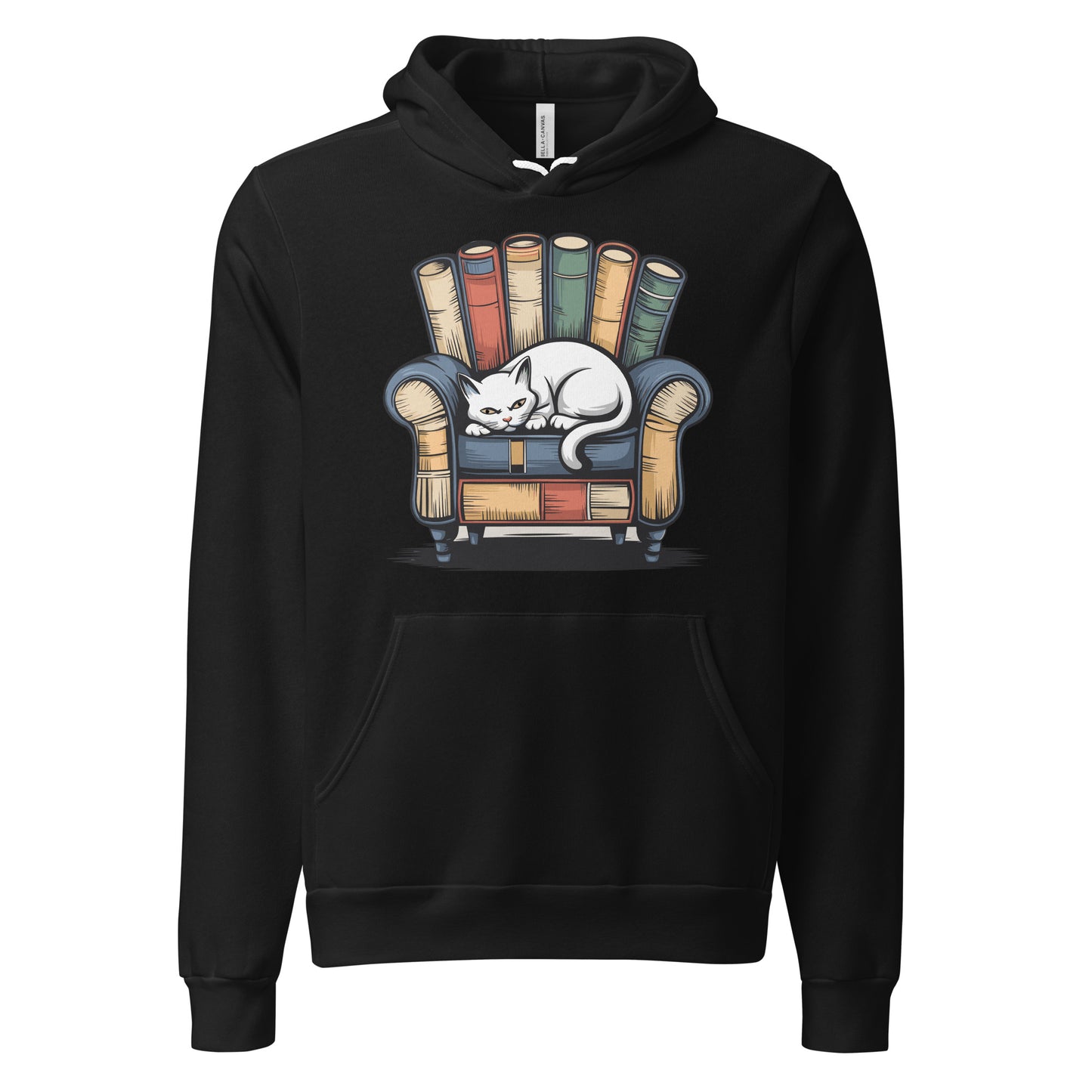 Cat Relaxing - Black Premium Hoodie with sleeping cat on books design, cozy pet lover apparel, Bella+Canvas 3719
