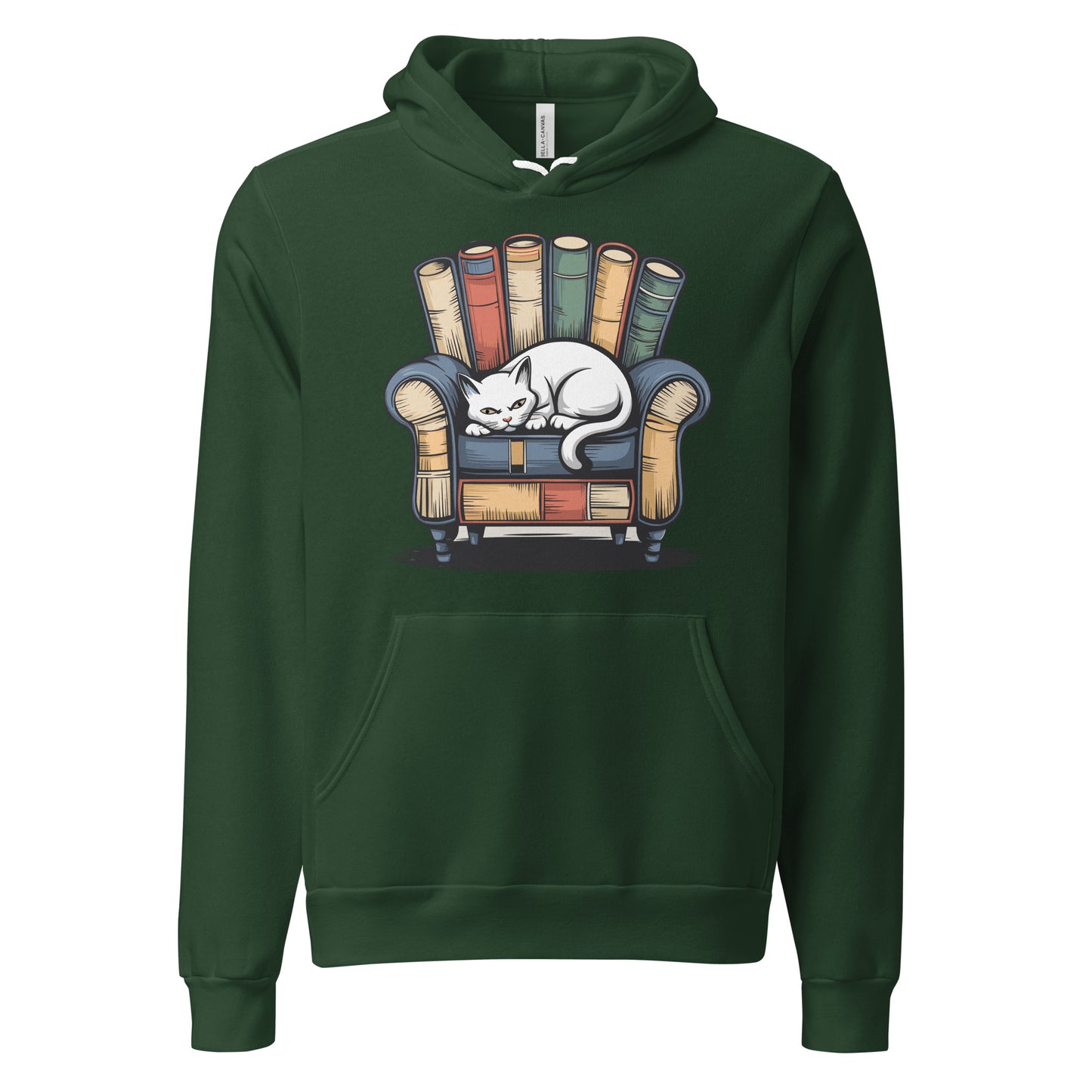Cat Relaxing - Forest Front Hoodie with sleeping cat on books design, cozy pet lover apparel, Bella+Canvas 3719