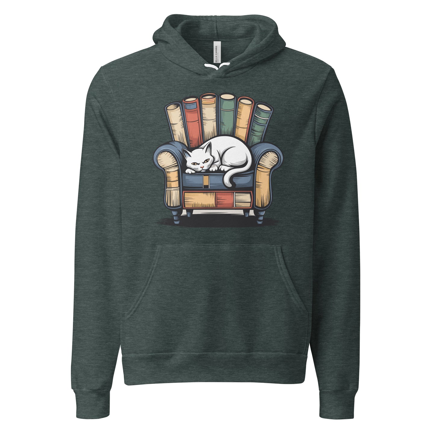 Cat Relaxing - Heather Forest Premium Hoodie with sleeping cat on books design, cozy pet lover apparel, Bella+Canvas 3719
