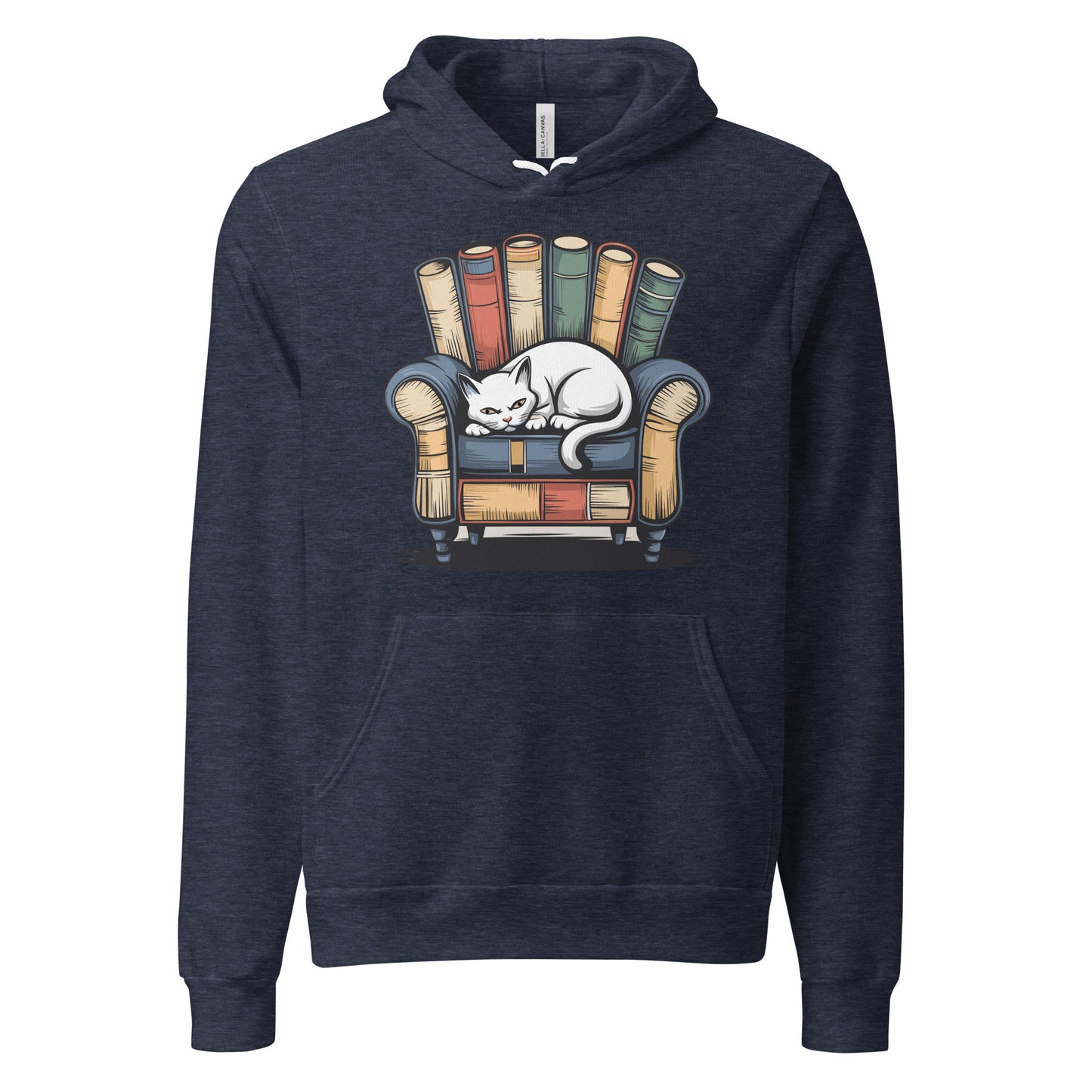 Cat Relaxing - Heather Navy Hoodie with sleeping cat on books design, cozy pet lover apparel, Bella+Canvas 3719