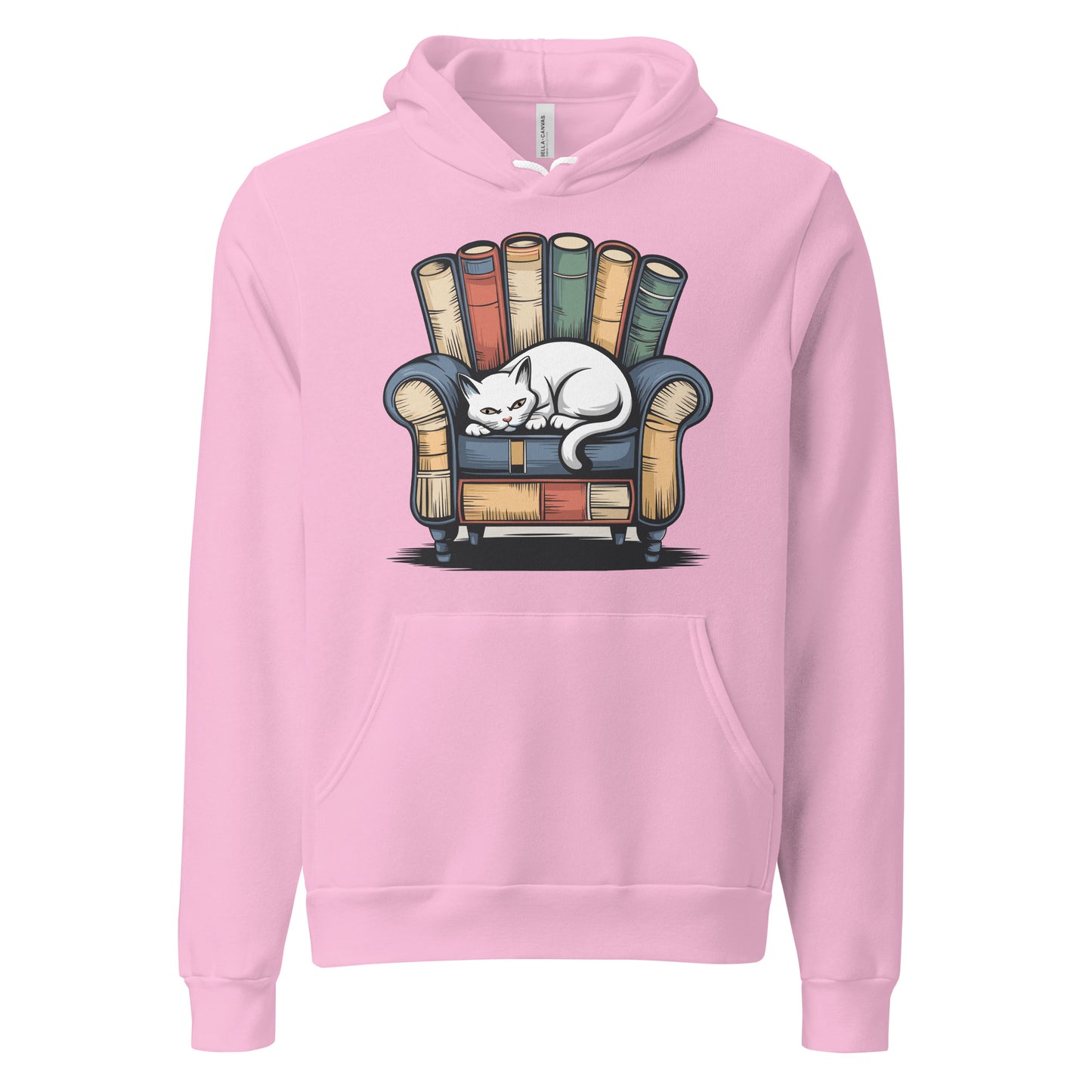 Cat Relaxing - Lilac Premium Hoodie with sleeping cat on books design, cozy pet lover apparel, Bella+Canvas 3719