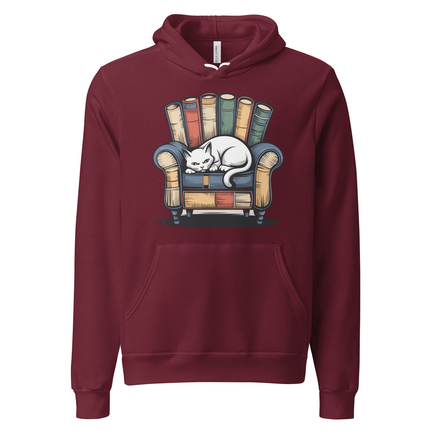 Cat Relaxing - Maroon Premium Hoodie with sleeping cat on books design, cozy pet lover apparel, Bella+Canvas 3719