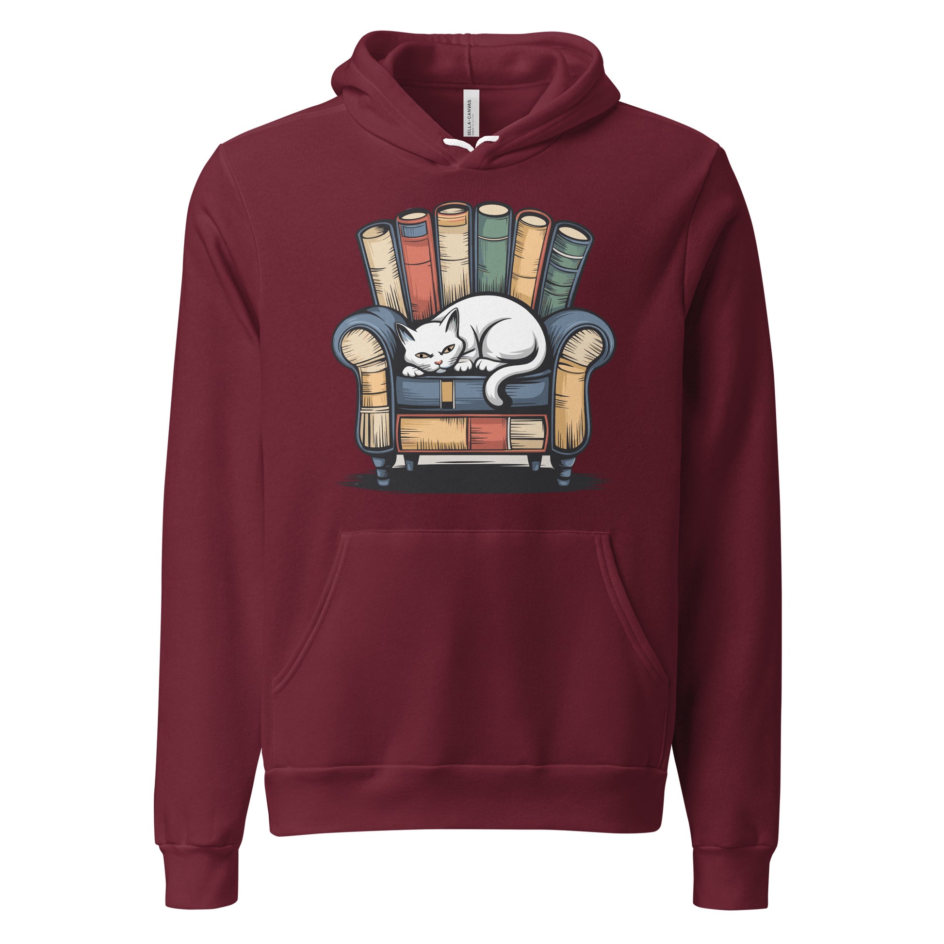 Cat Relaxing - Maroon Premium Hoodie with sleeping cat on books design, cozy pet lover apparel, Bella+Canvas 3719