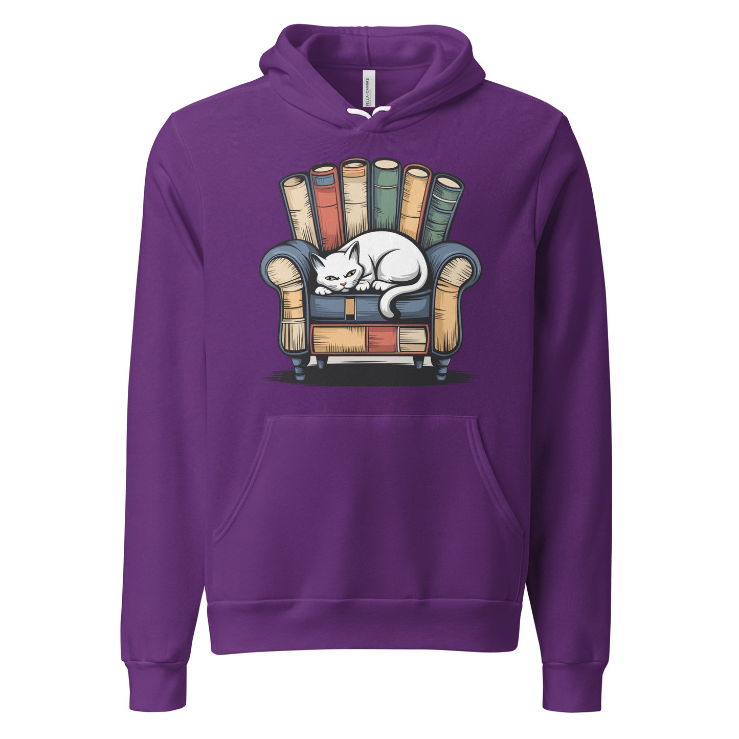 Cat Relaxing - Purple Premium Hoodie with sleeping cat on books design, cozy pet lover apparel, Bella+Canvas 3719