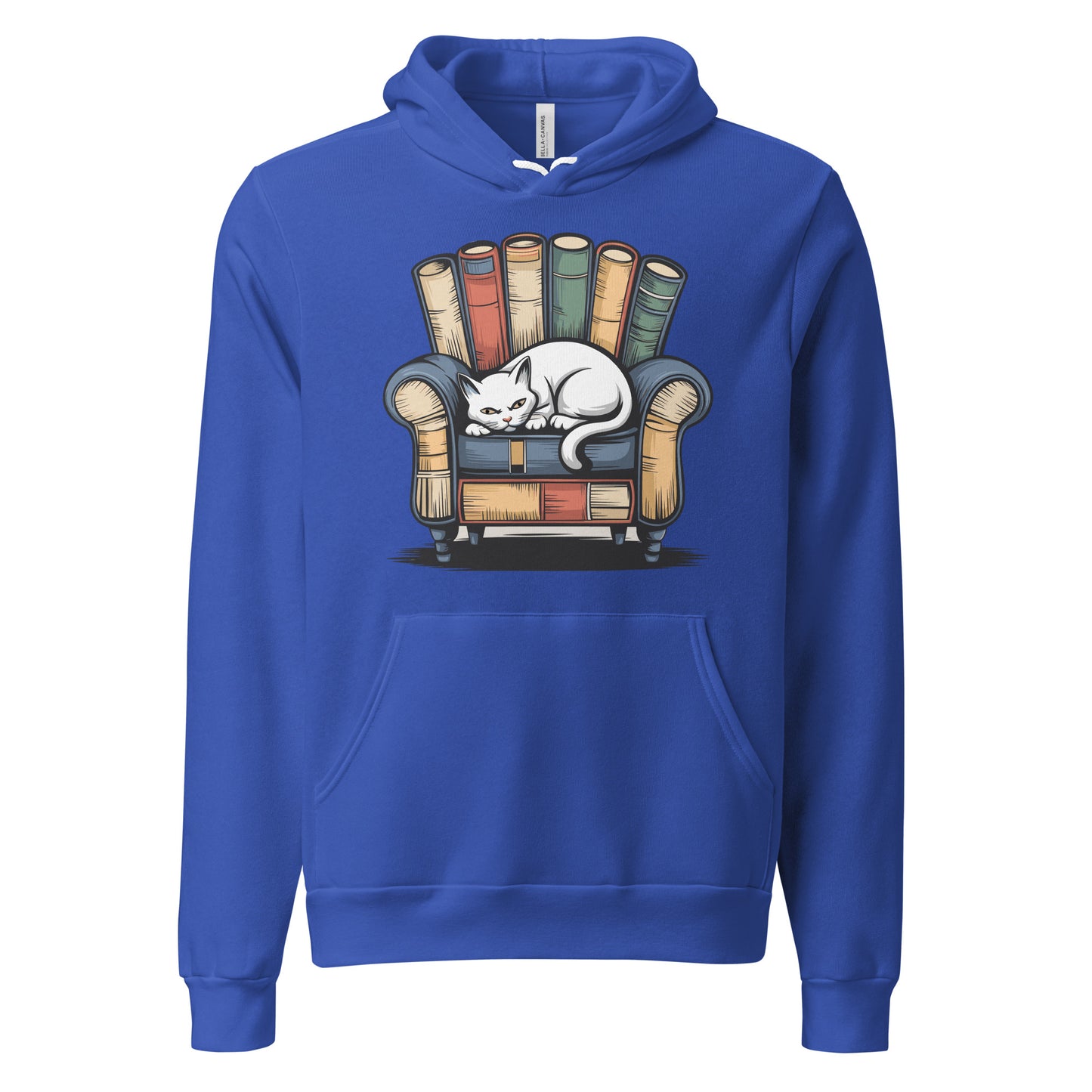 Cat Relaxing - True Royal Premium Hoodie with sleeping cat on books design, cozy pet lover apparel, Bella+Canvas 3719