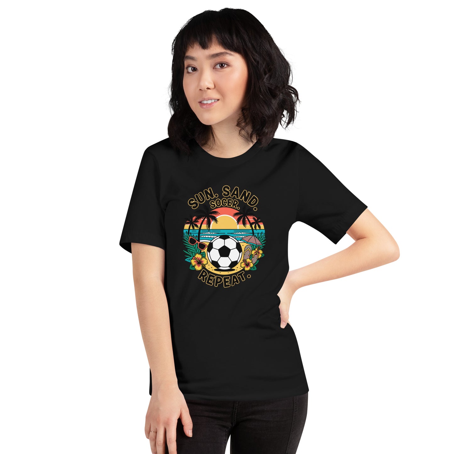 Sun Sand Soccer Repeat Unisex T-Shirt | Bella Canvas DTG Soccer Beach Tee | Summer Vacation Graphic Shirt by Ortrends