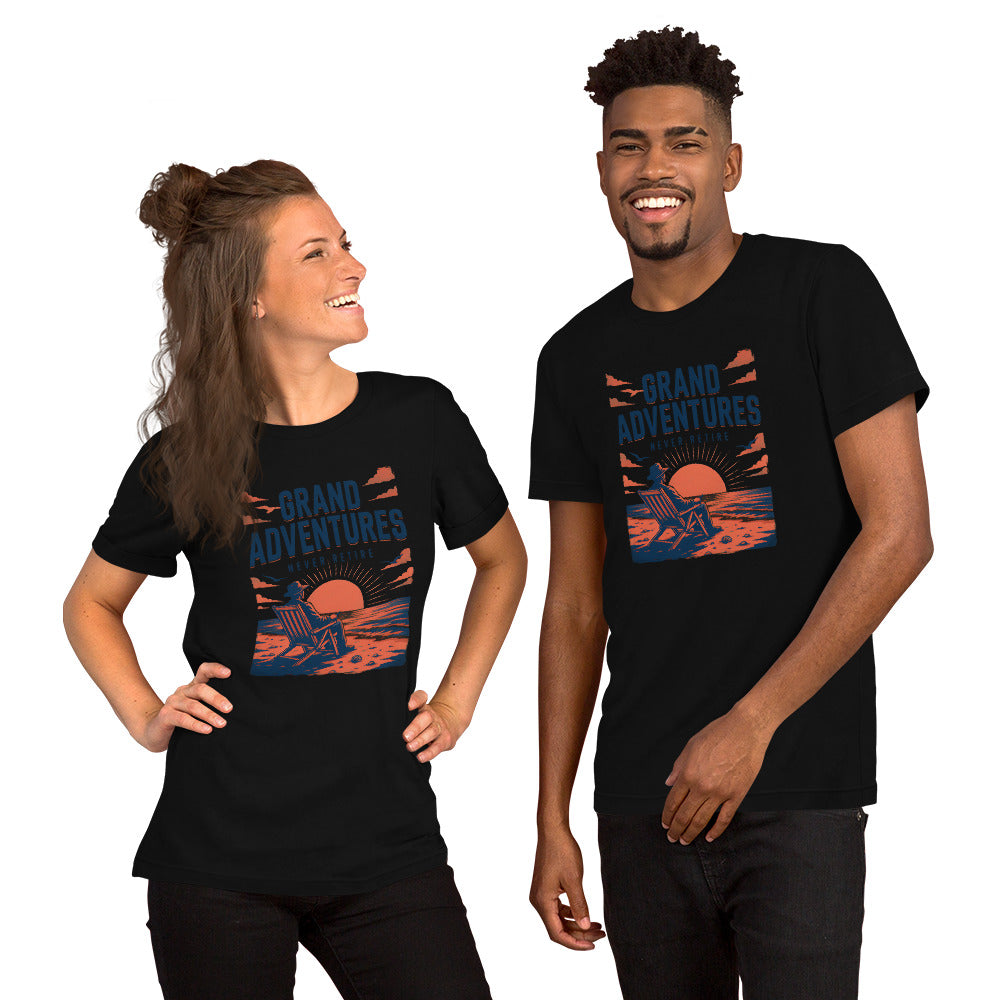 Grand Adventures Never Retire Unisex T-Shirt | Bella Canvas DTG Retirement Beach Tee by Ortrends