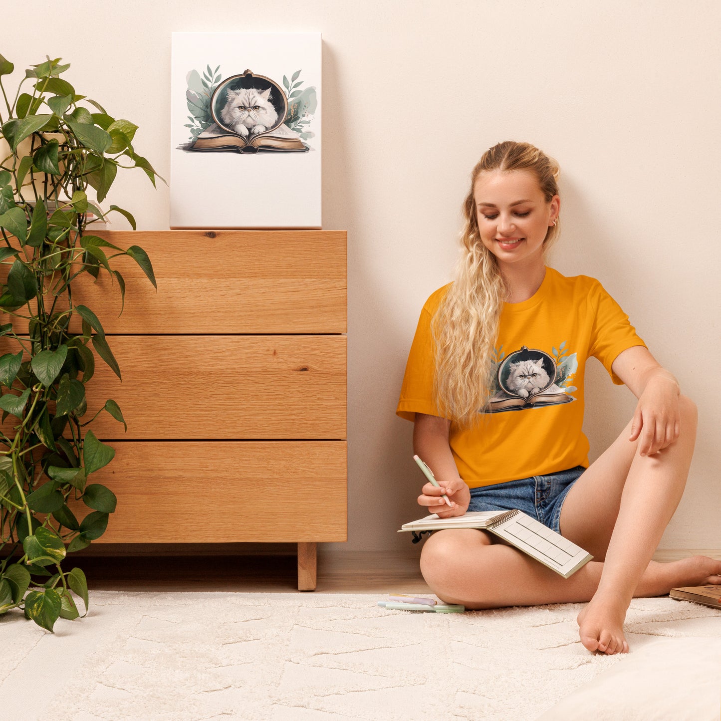 Reading Cat - Pet Lover gold-front Cotton Tee with cat reading book design, bookish cat parent apparel, Bella+Canvas