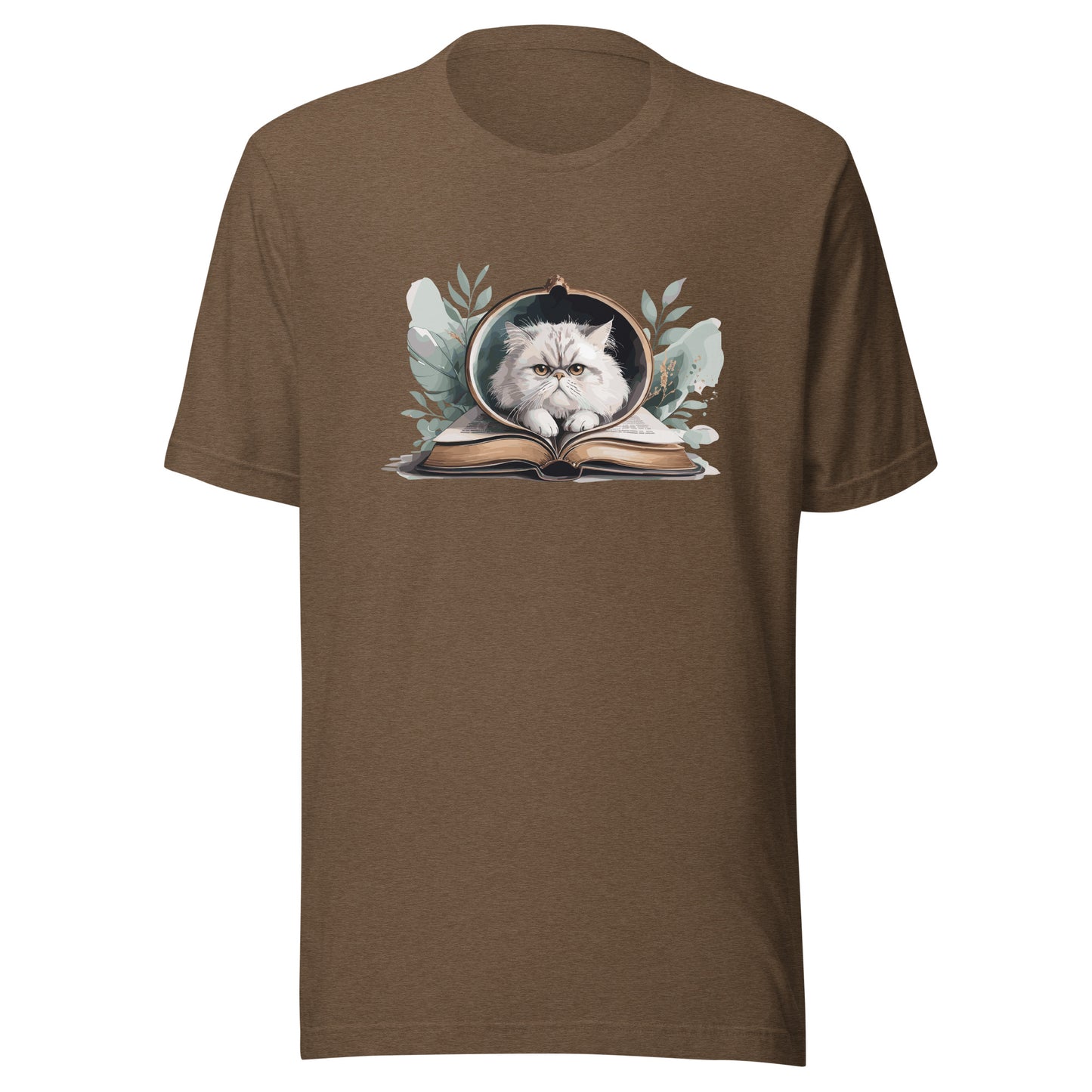 Reading Cat - Pet Lover heather-brown-front Cotton Tee with cat reading book design, bookish cat parent apparel, Bella+Canvas