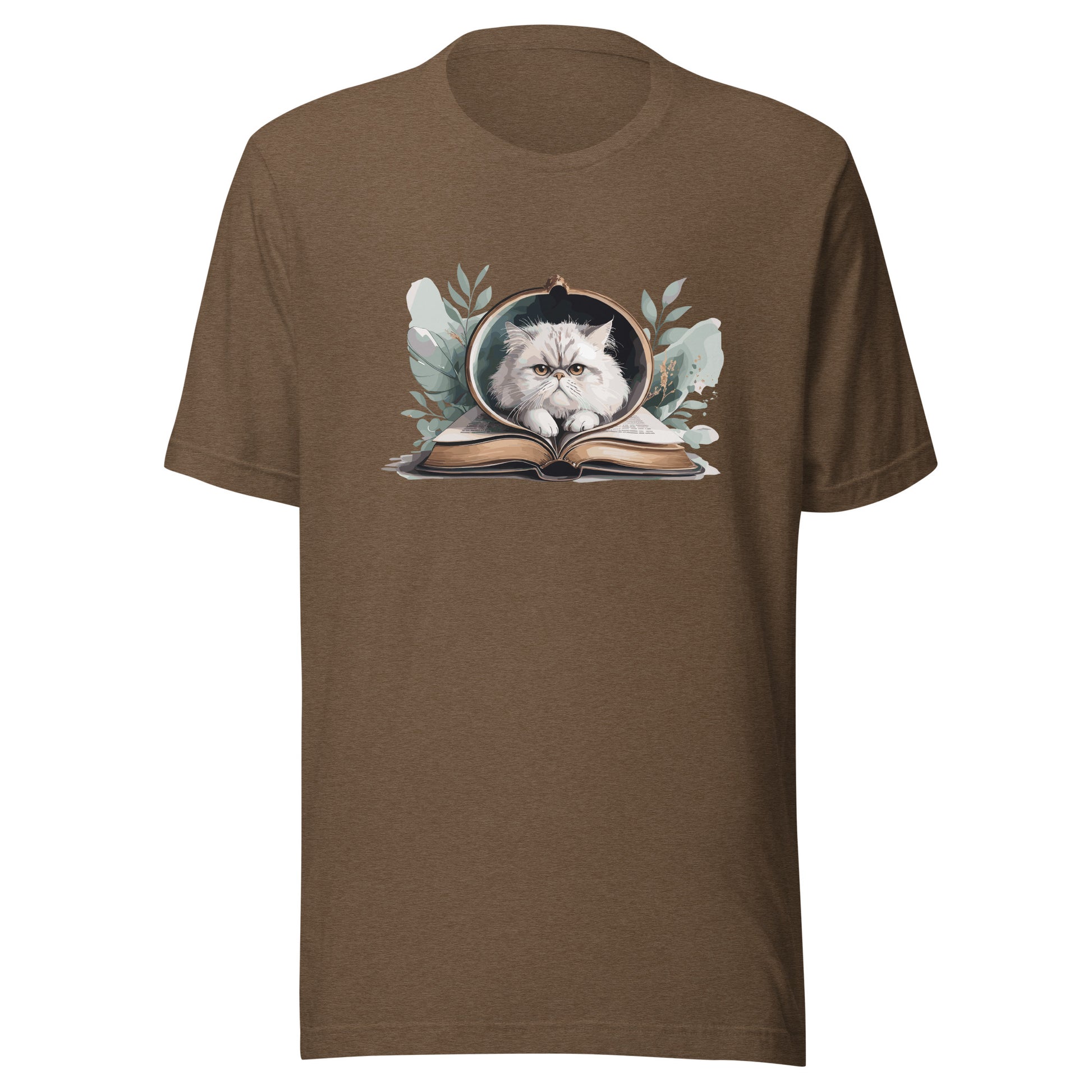 Reading Cat - Pet Lover heather-brown-front Cotton Tee with cat reading book design, bookish cat parent apparel, Bella+Canvas