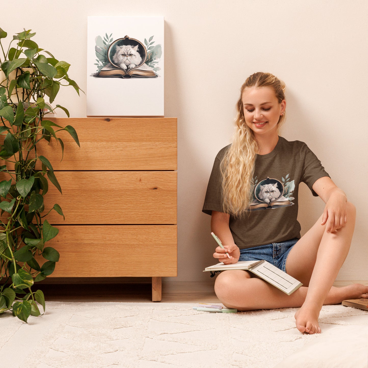 Reading Cat - Pet Lover Heather Brown Cotton Tee with cat reading book design, bookish cat parent apparel, Bella+Canvas