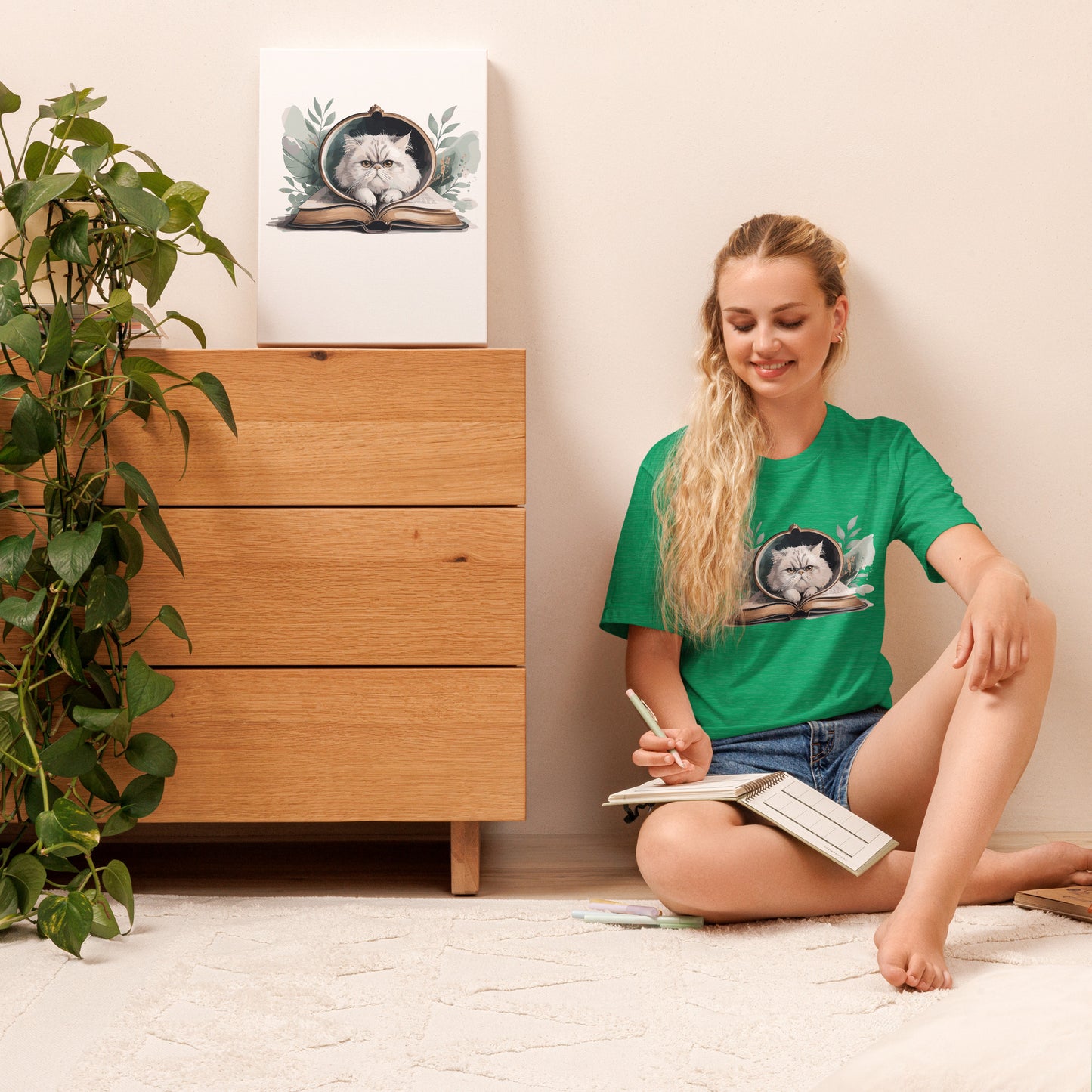 Reading Cat - Pet Lover Heather Kelly Cotton Tee with cat reading book design, bookish cat parent apparel, Bella+Canvas