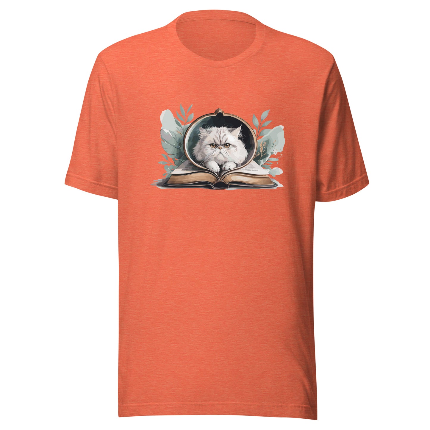 Reading Cat - Pet Lover heather-orange-front Cotton Tee with cat reading book design, bookish cat parent apparel, Bella+Canvas