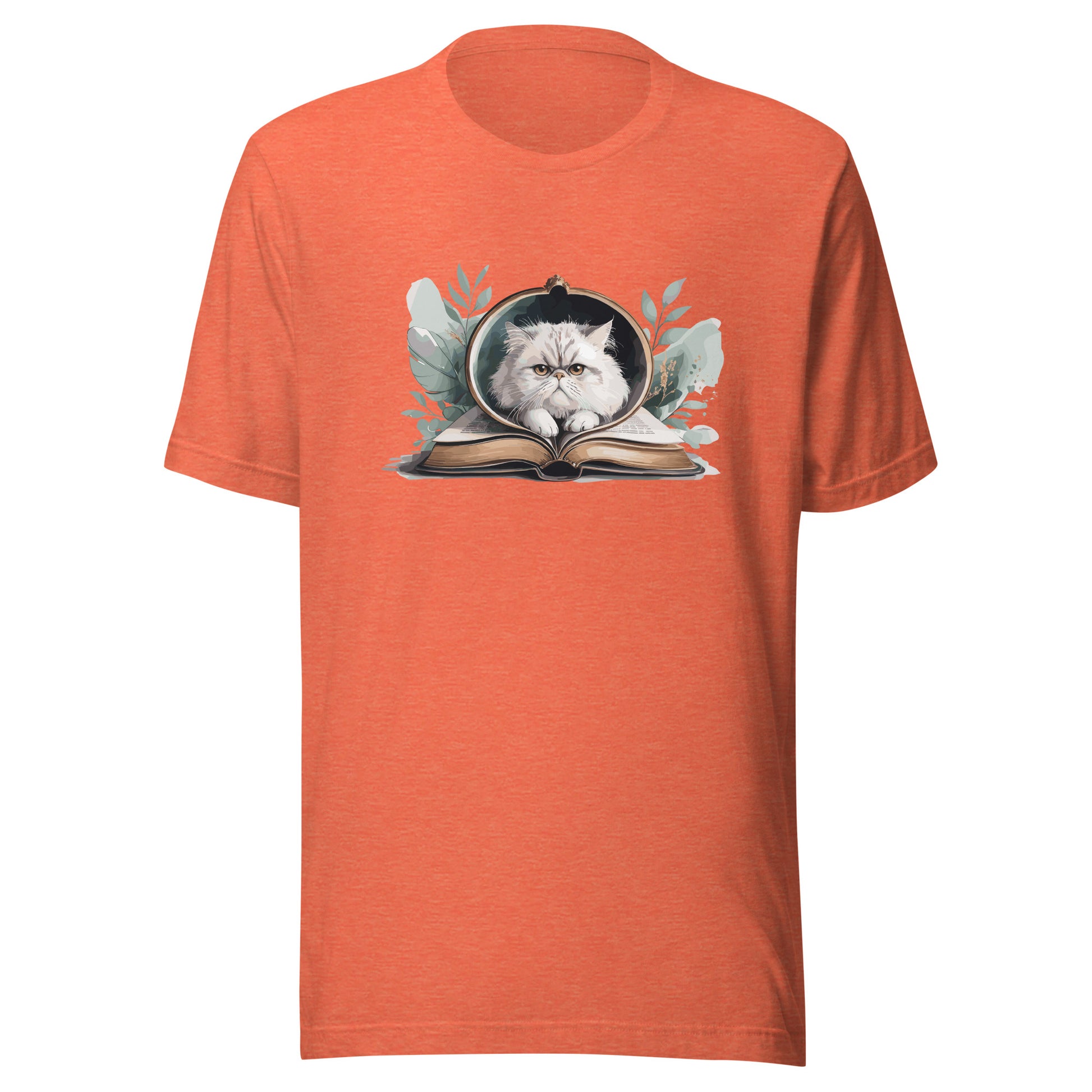 Reading Cat - Pet Lover heather-orange-front Cotton Tee with cat reading book design, bookish cat parent apparel, Bella+Canvas