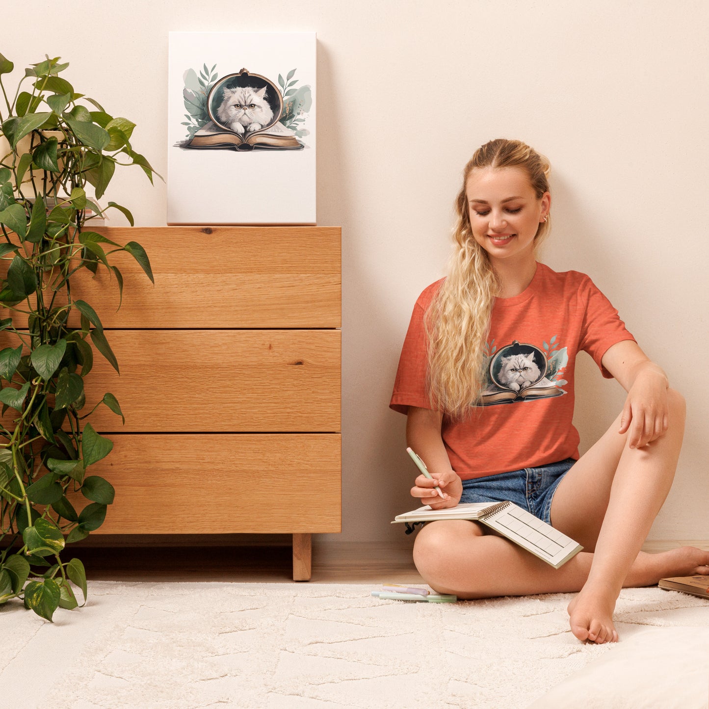 Reading Cat - Pet Lover Heather Orange Cotton Tee with cat reading book design, bookish cat parent apparel, Bella+Canvas