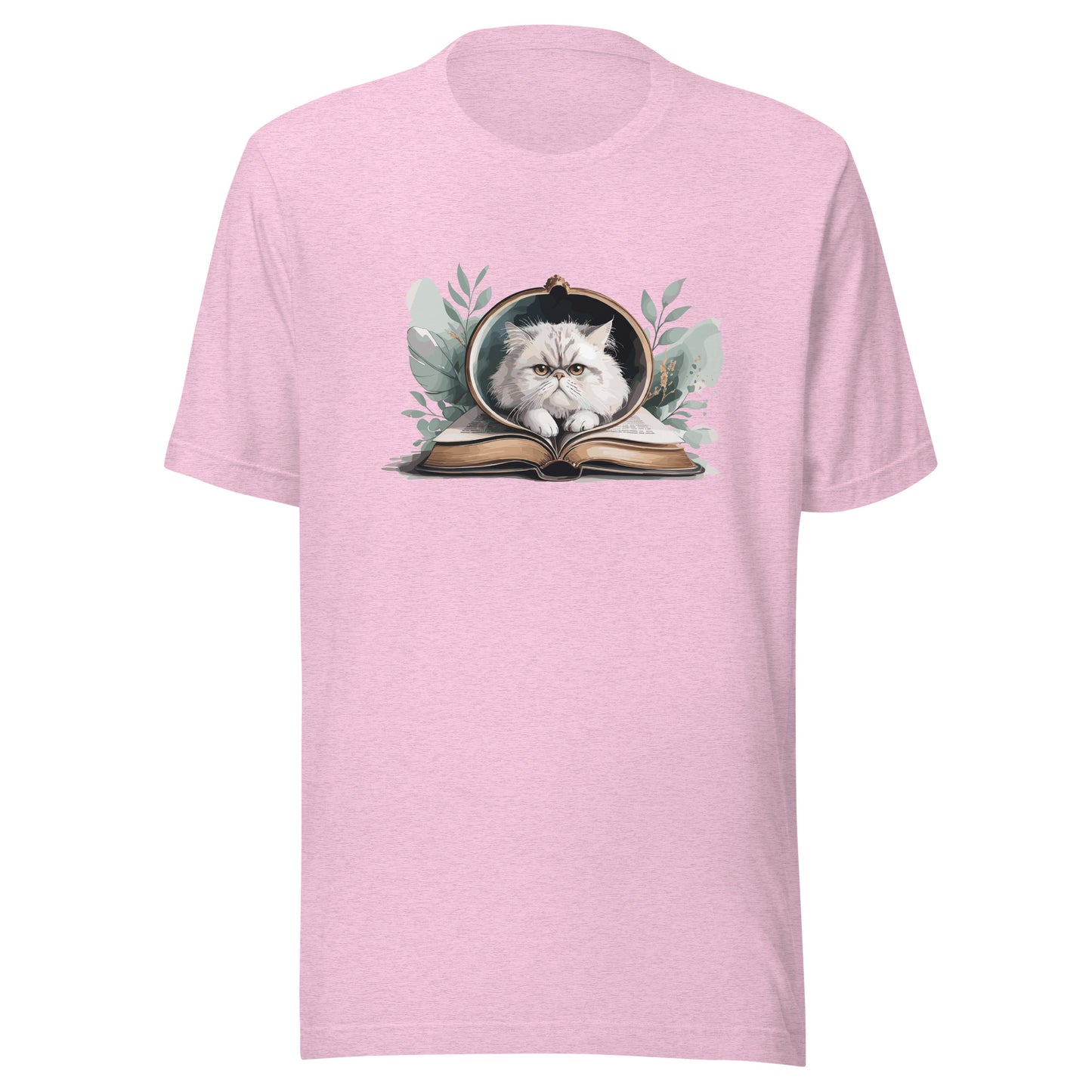 Reading Cat - Pet Lover heather-prism-lilac-front Cotton Tee with cat reading book design, bookish cat parent apparel, Bella+Canvas