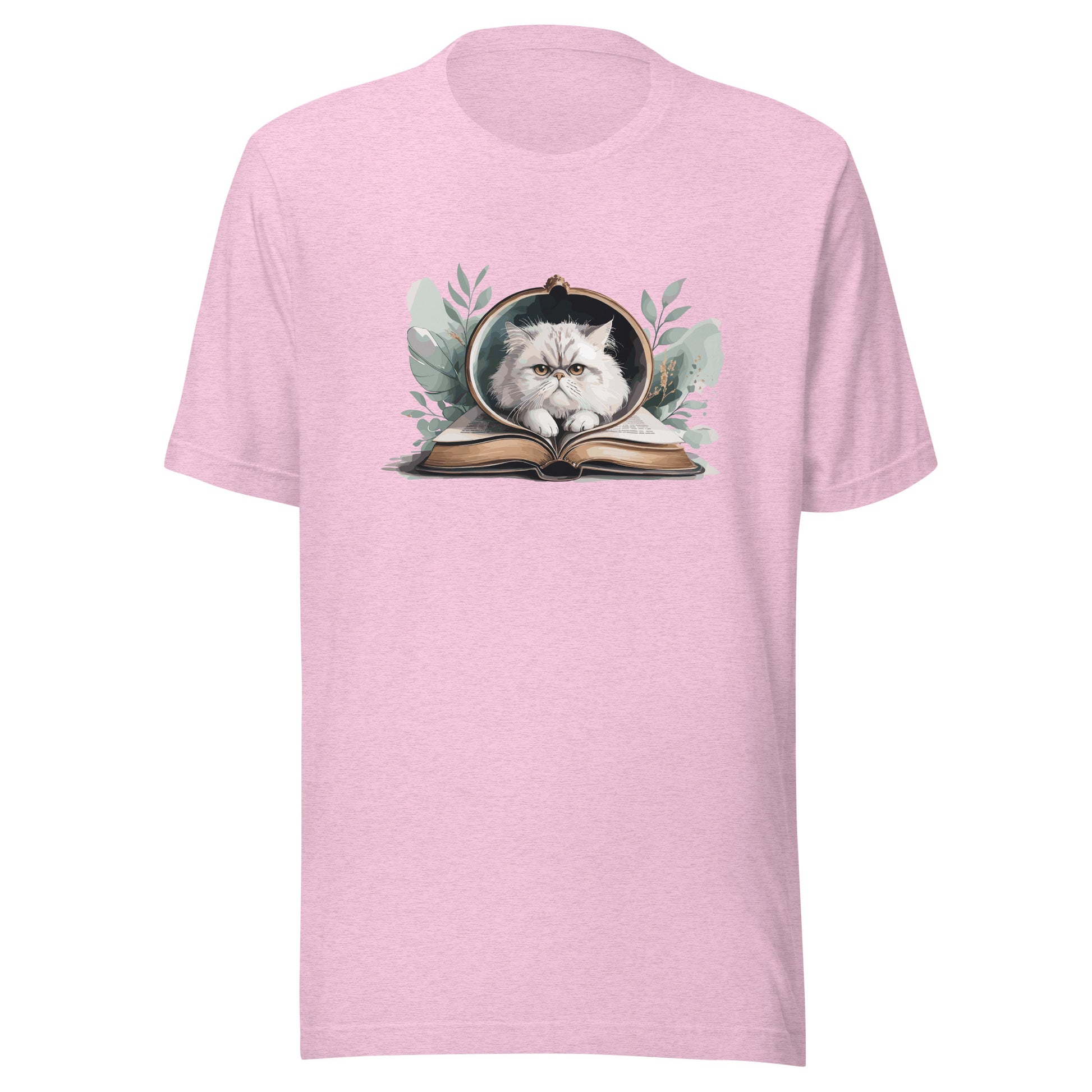 Reading Cat - Pet Lover heather-prism-lilac-front Cotton Tee with cat reading book design, bookish cat parent apparel, Bella+Canvas