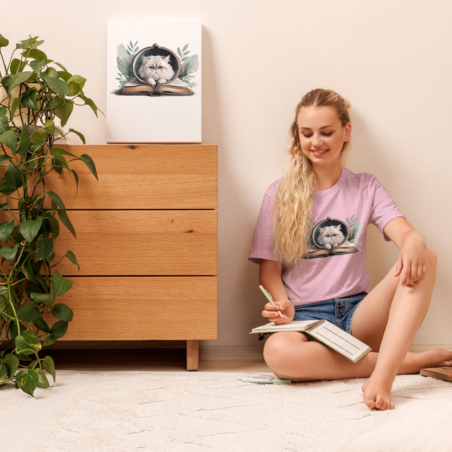 Reading Cat - Pet Lover heather-prism-lilac-front Cotton Tee with cat reading book design, bookish cat parent apparel, Bella+Canvas