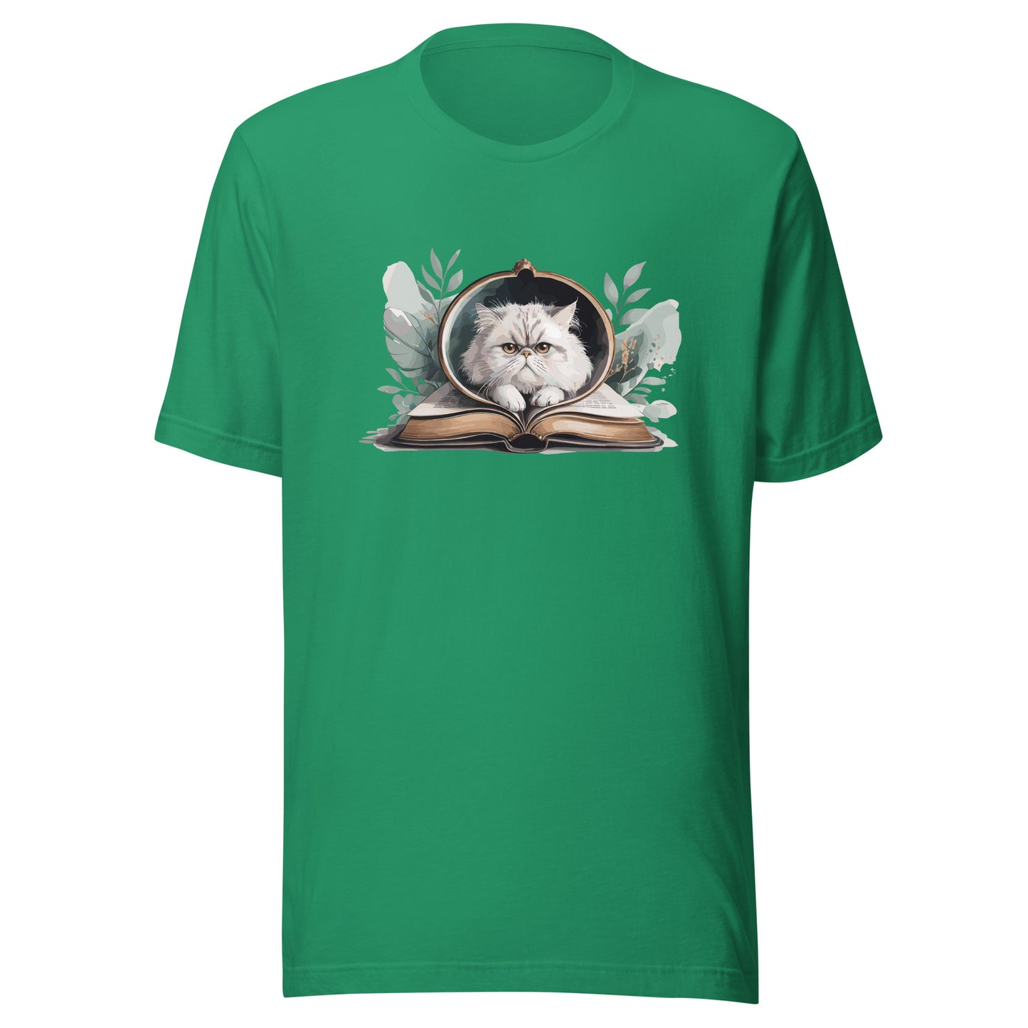 Reading Cat - Pet Lover kelly-front Cotton Tee with cat reading book design, bookish cat parent apparel, Bella+Canvas