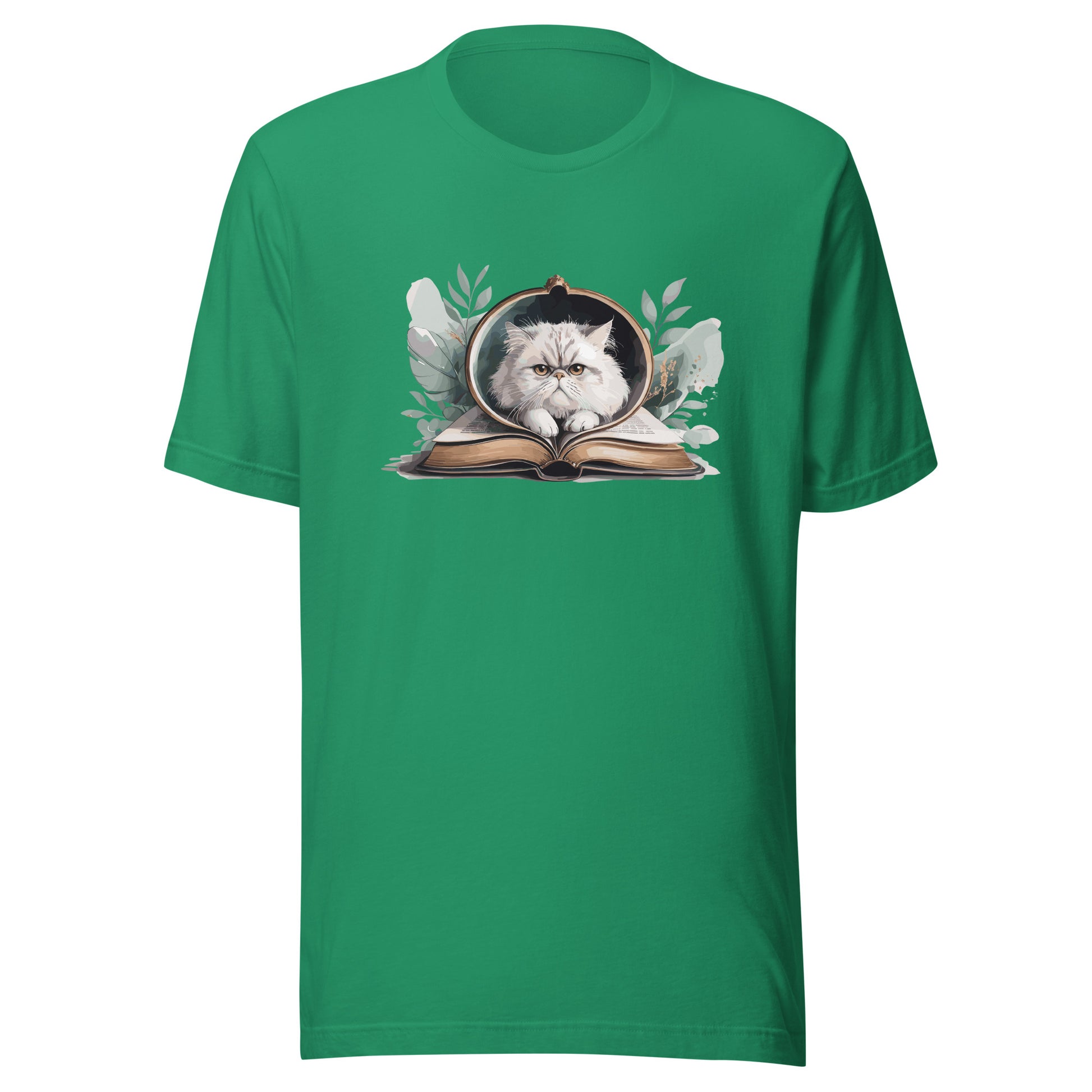 Reading Cat - Pet Lover kelly-front Cotton Tee with cat reading book design, bookish cat parent apparel, Bella+Canvas