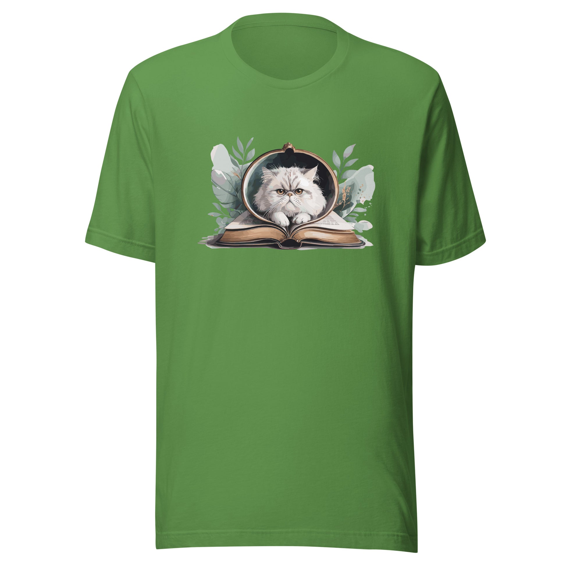Reading Cat - Pet Lover leaf-front Cotton Tee with cat reading book design, bookish cat parent apparel, Bella+Canvas
