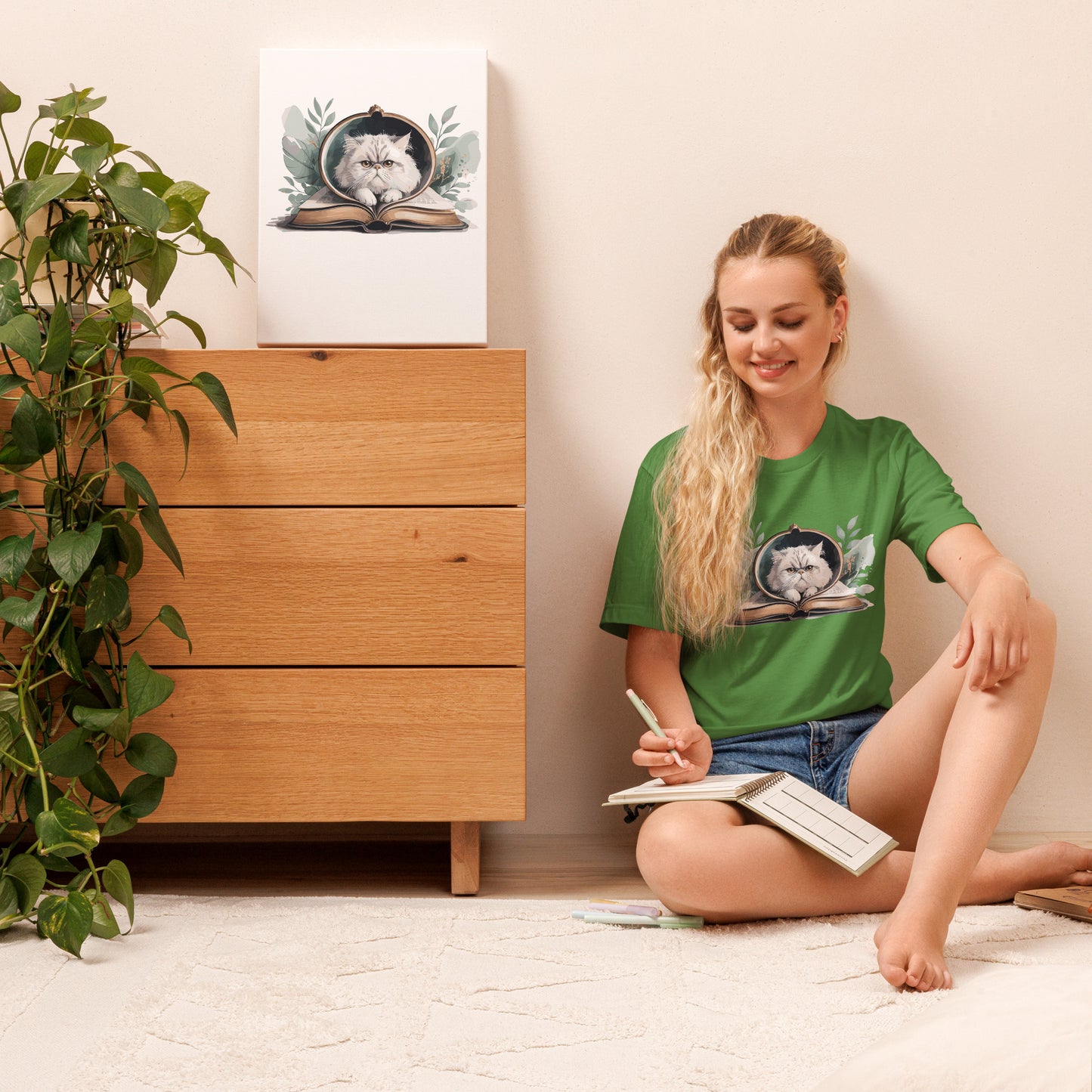 Reading Cat - Pet Lover Leaf Cotton Tee with cat reading book design, bookish cat parent apparel, Bella+Canvas