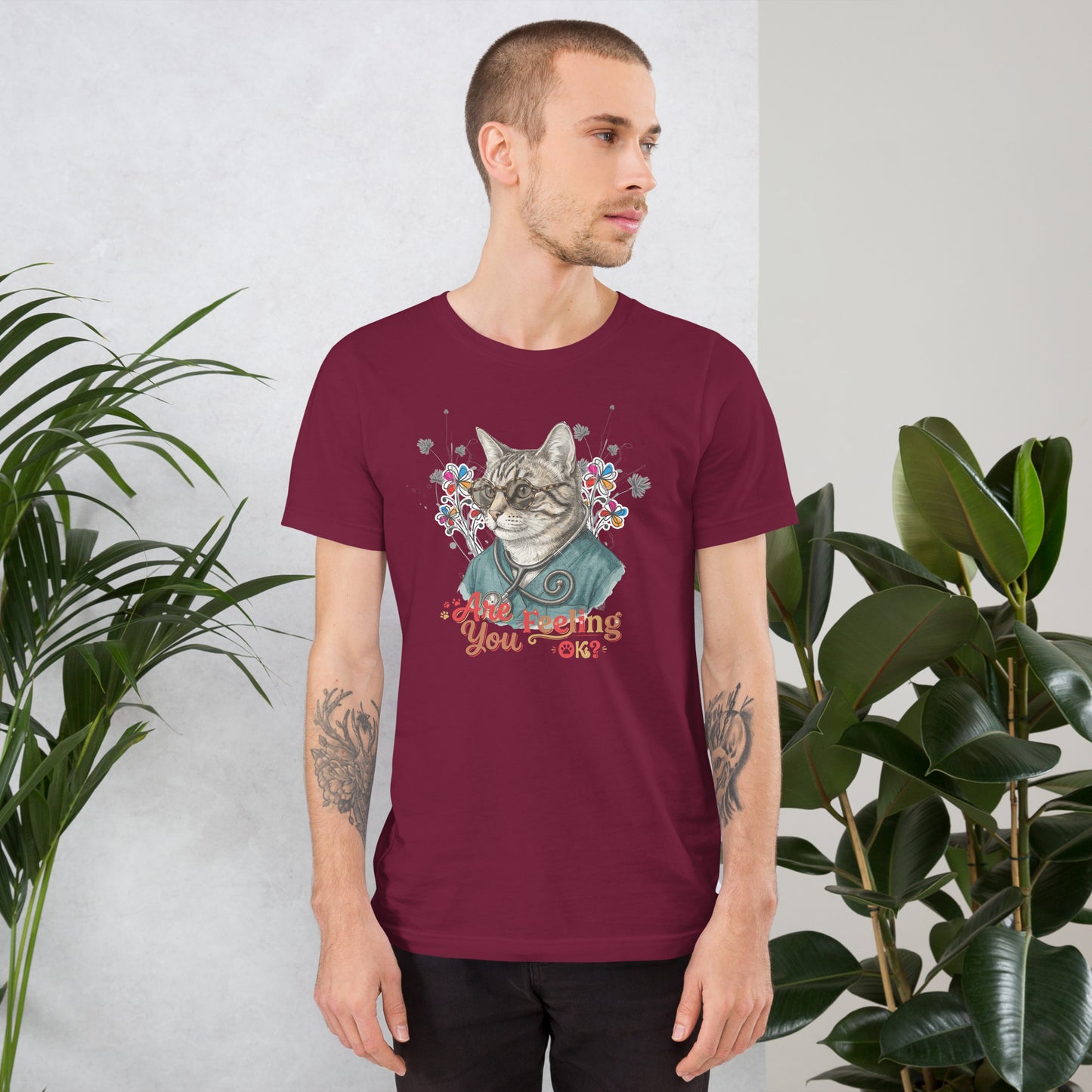 Are You Feeling OK? Funny Cat Nurse T-Shirt | Bella+Canvas 3001 Unisex Graphic Tee by Ortrends
