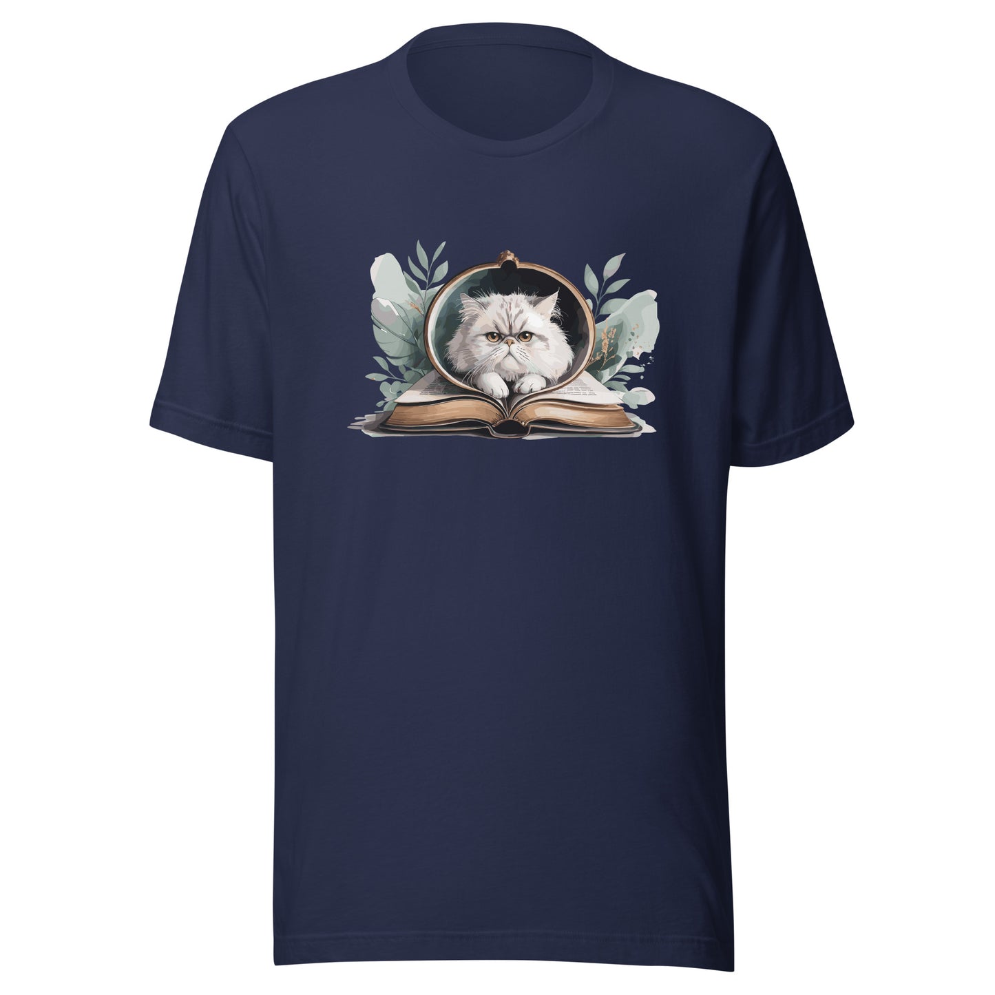 Reading Cat - Pet Lover navy front Cotton Tee with cat reading book design, bookish cat parent apparel, Bella+Canvas