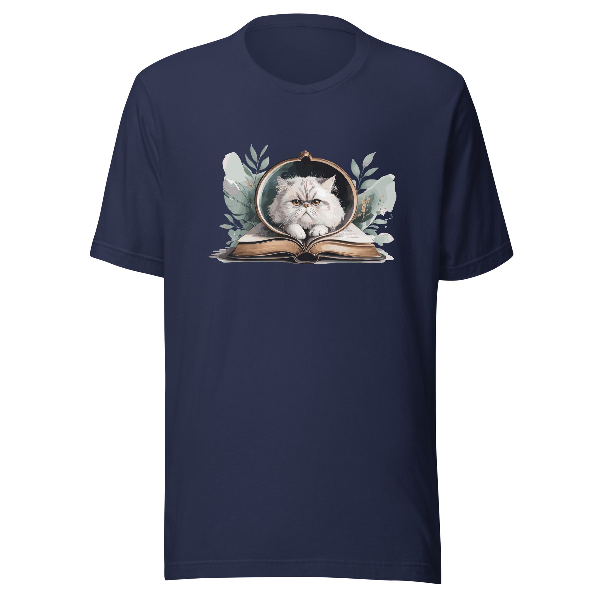 Reading Cat - Pet Lover navy front Cotton Tee with cat reading book design, bookish cat parent apparel, Bella+Canvas