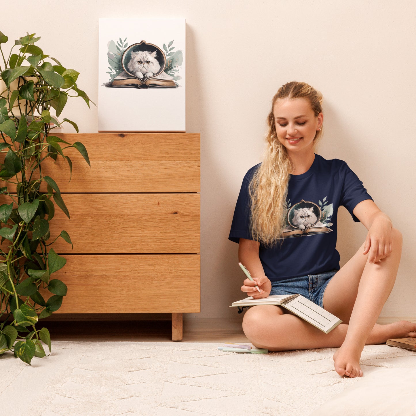 Reading Cat - Pet Lover Navy Cotton Tee with cat reading book design, bookish cat parent apparel, Bella+Canvas
