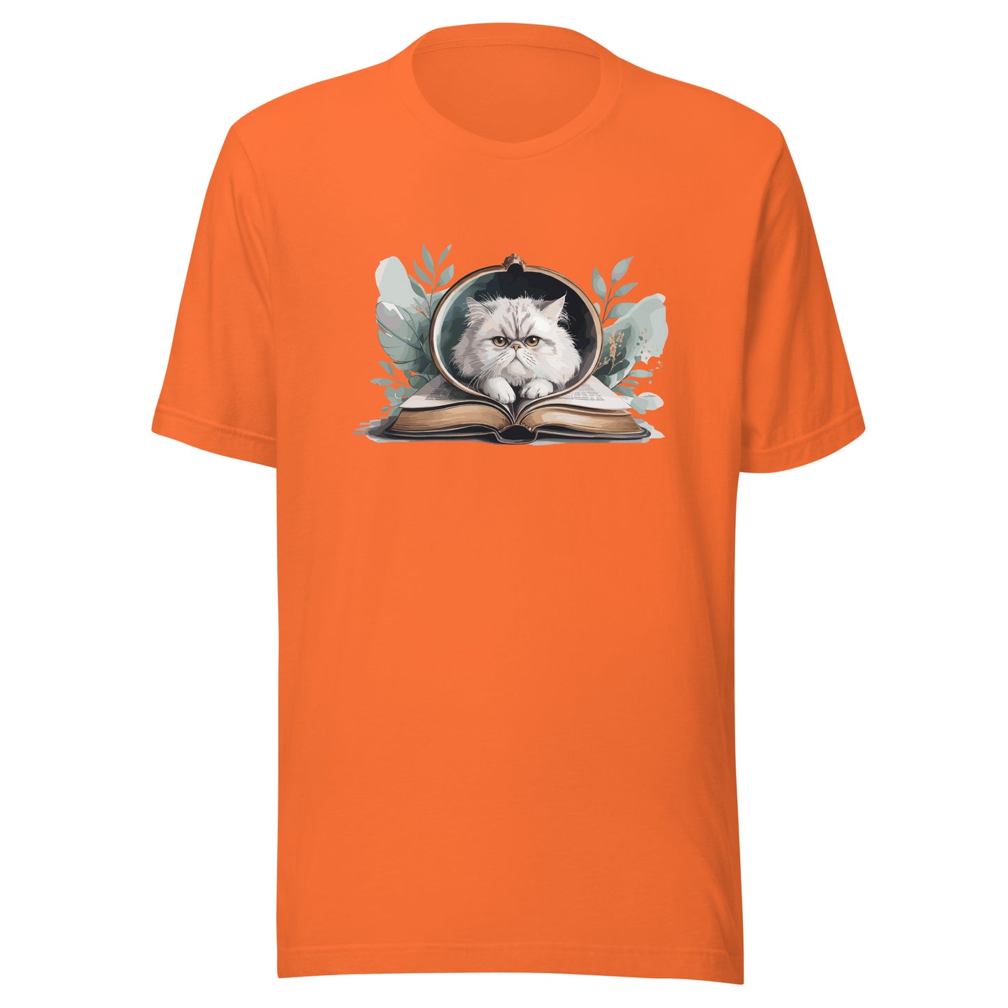 Reading Cat - Pet Lover orange-front Cotton Tee with cat reading book design, bookish cat parent apparel, Bella+Canvas