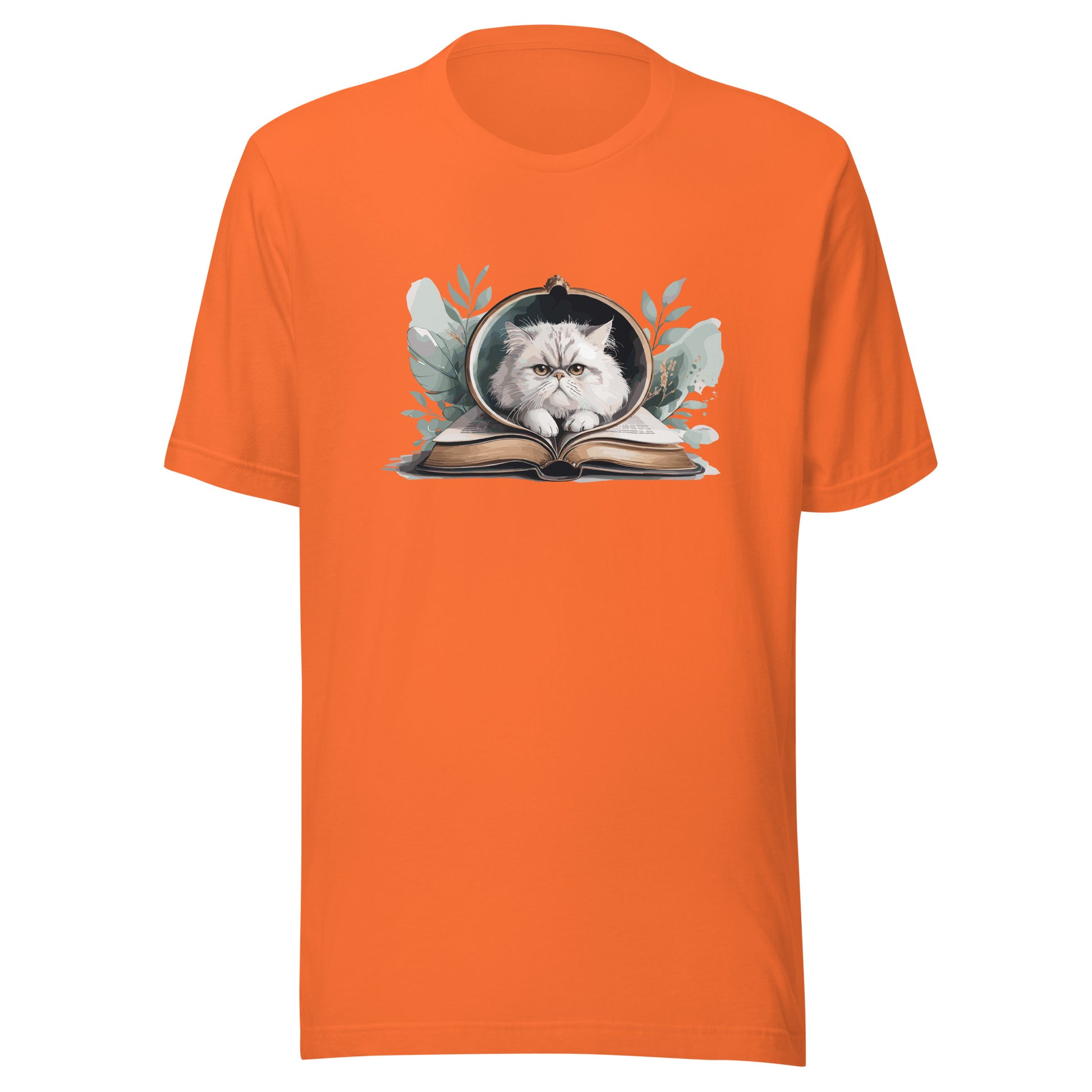 Reading Cat - Pet Lover orange-front Cotton Tee with cat reading book design, bookish cat parent apparel, Bella+Canvas