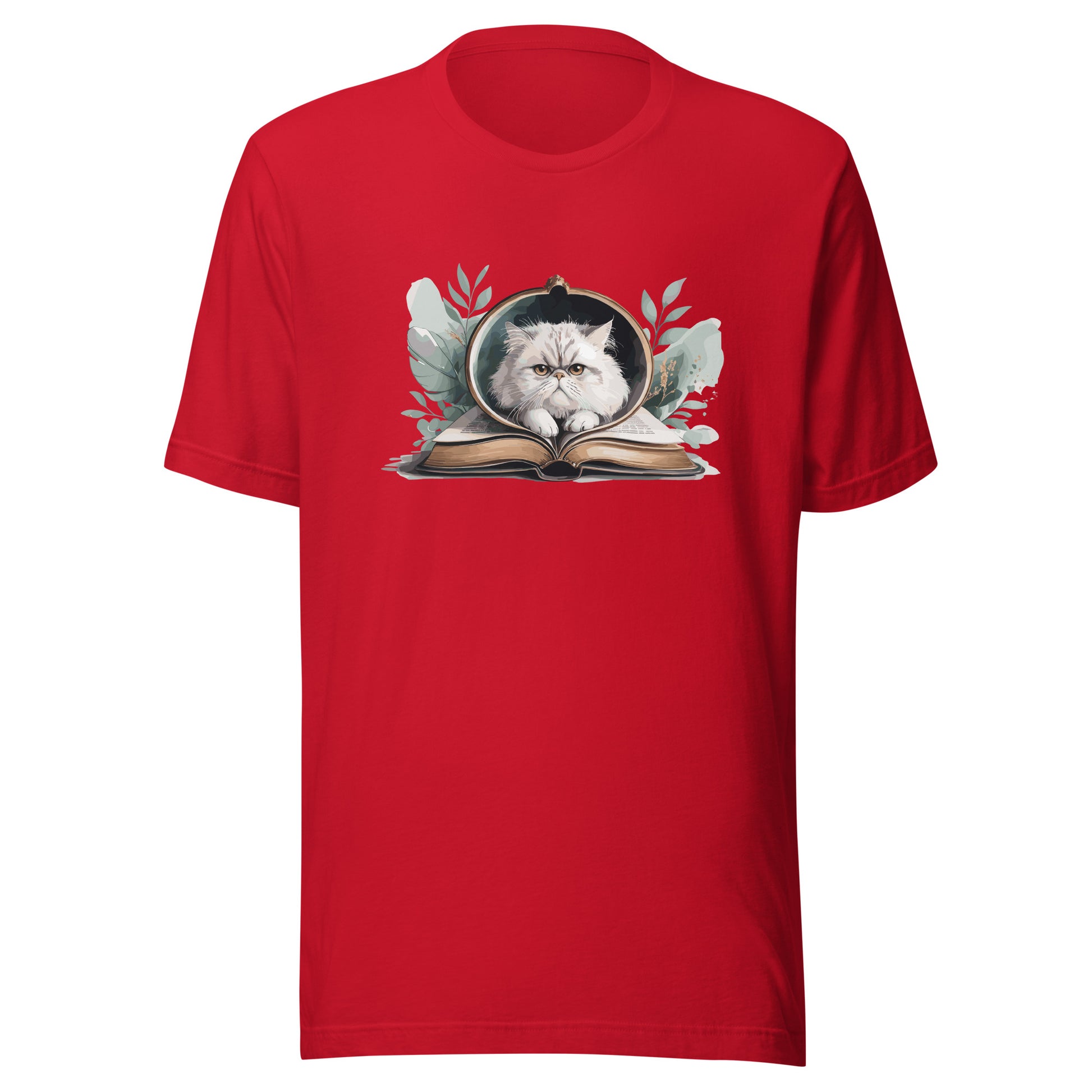 Reading Cat - Pet Lover red front Cotton Tee with cat reading book design, bookish cat parent apparel, Bella+Canvas
