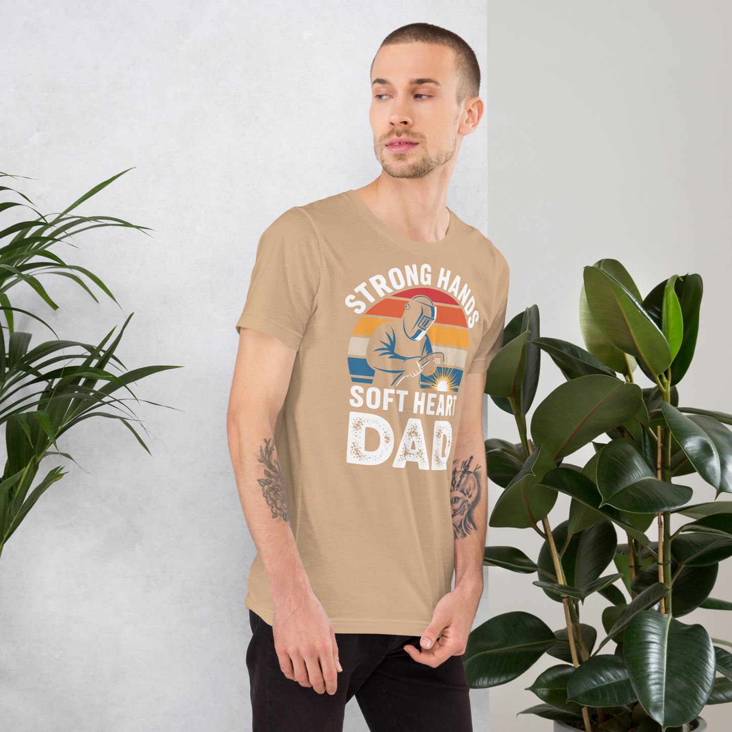 Strong Hands Soft Heart Dad Unisex T-Shirt | Bella Canvas DTG Welder Tee by Ortrends