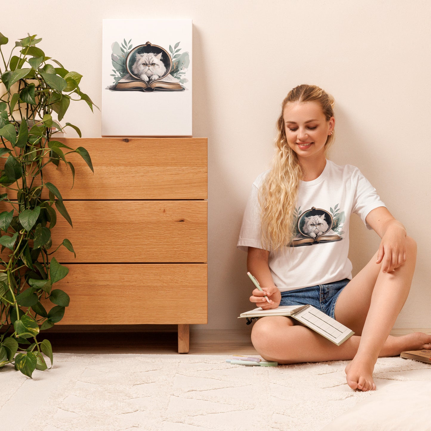 Reading Cat - Pet Lover white front Cotton Tee with cat reading book design, bookish cat parent apparel, Bella+Canvas