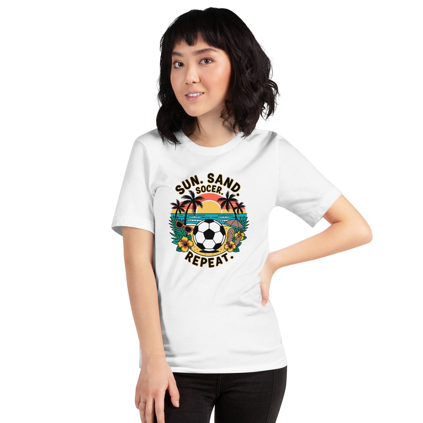 Sun Sand Soccer Repeat Unisex T-Shirt | Bella Canvas DTG Soccer Beach Tee | Summer Vacation Graphic Shirt by Ortrends
