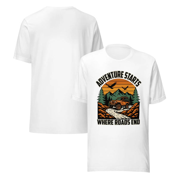 Adventure Starts Where Roads End Unisex T-Shirt | Bella Canvas DTG Off Road Jeep Tee by Ortrends