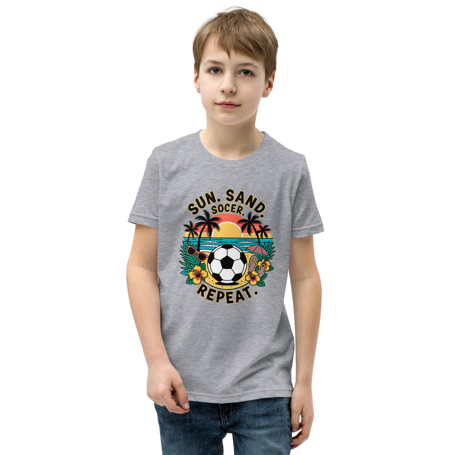 Sun Sand Soccer Repeat Kids T-Shirt | Youth Soccer Beach Tee for Boys & Girls by Ortrends