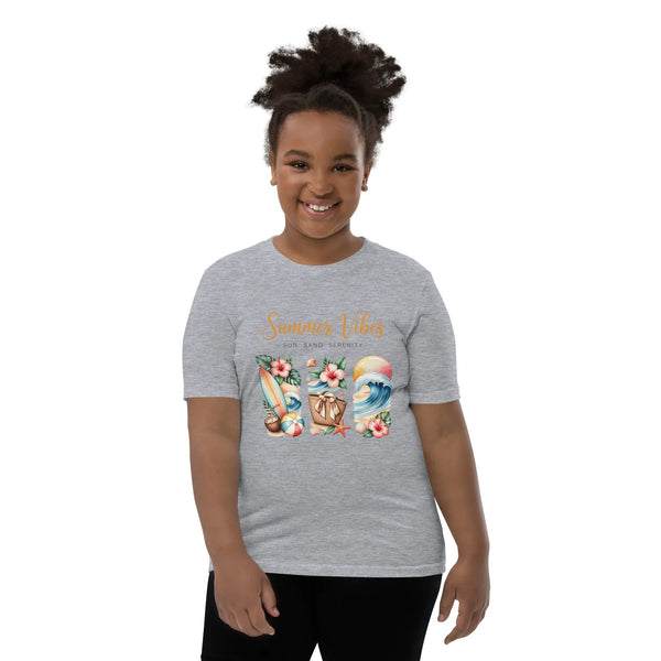 Summer Vibes Kids T-Shirt | Sun Sand Serenity Youth Beach Tee for Boys & Girls by Ortrends