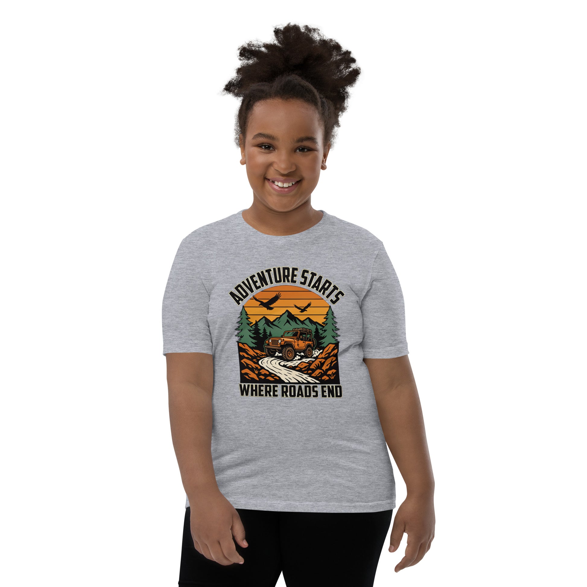 Adventure Starts Where Roads End Kids Jeep T-Shirt | Mountain Adventure Shirt for Boys & Girls by Ortrends