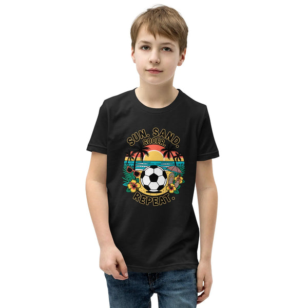 Sun Sand Soccer Repeat Kids T-Shirt | Youth Soccer Beach Tee for Boys & Girls by Ortrends