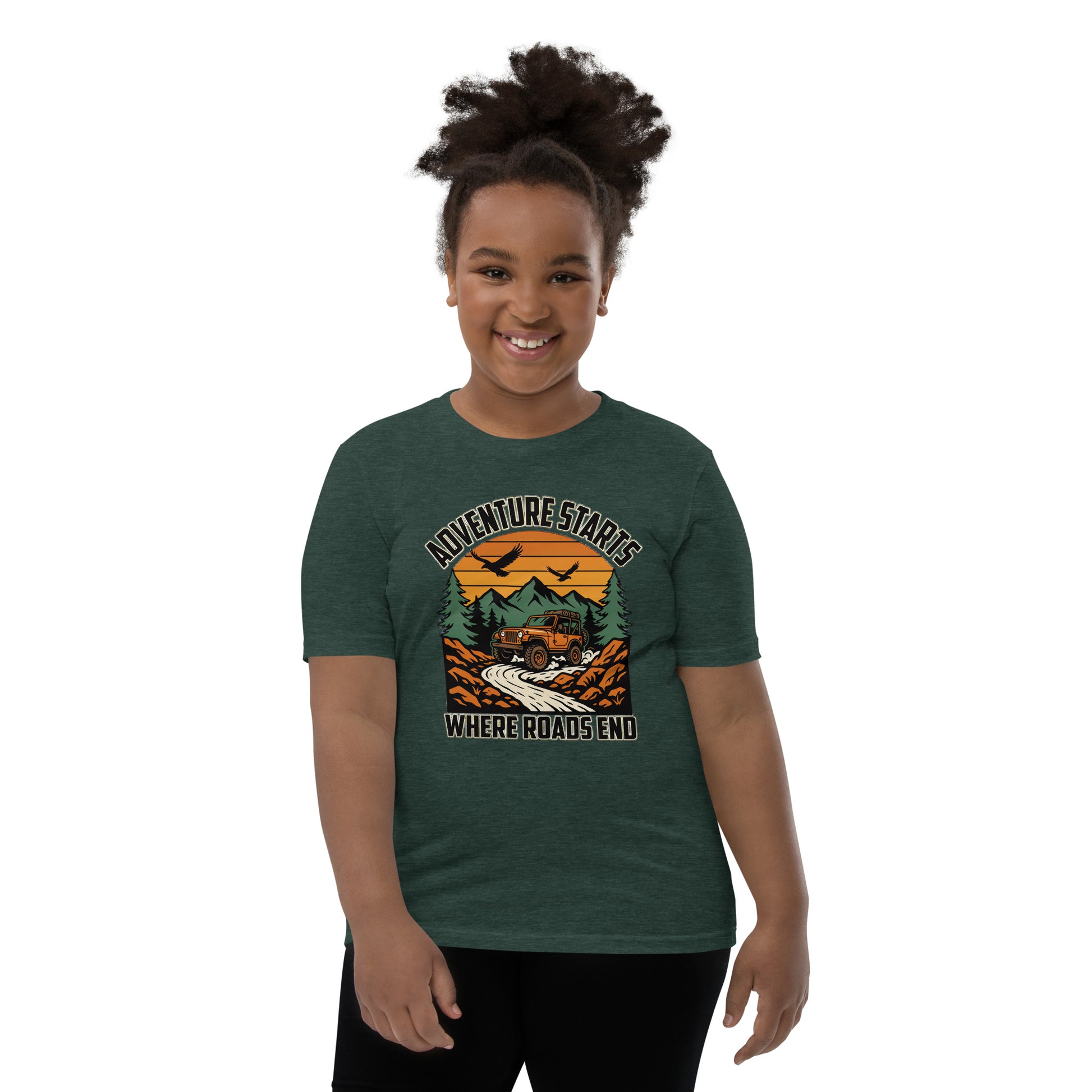 Adventure Starts Where Roads End Kids Jeep T-Shirt | Mountain Adventure Shirt for Boys & Girls by Ortrends