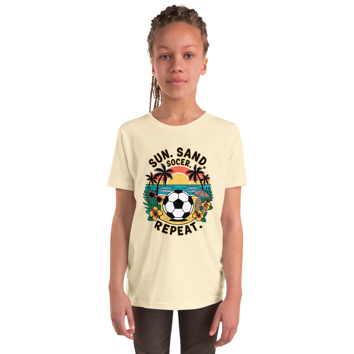 Sun Sand Soccer Repeat Kids T-Shirt | Youth Soccer Beach Tee for Boys & Girls by Ortrends