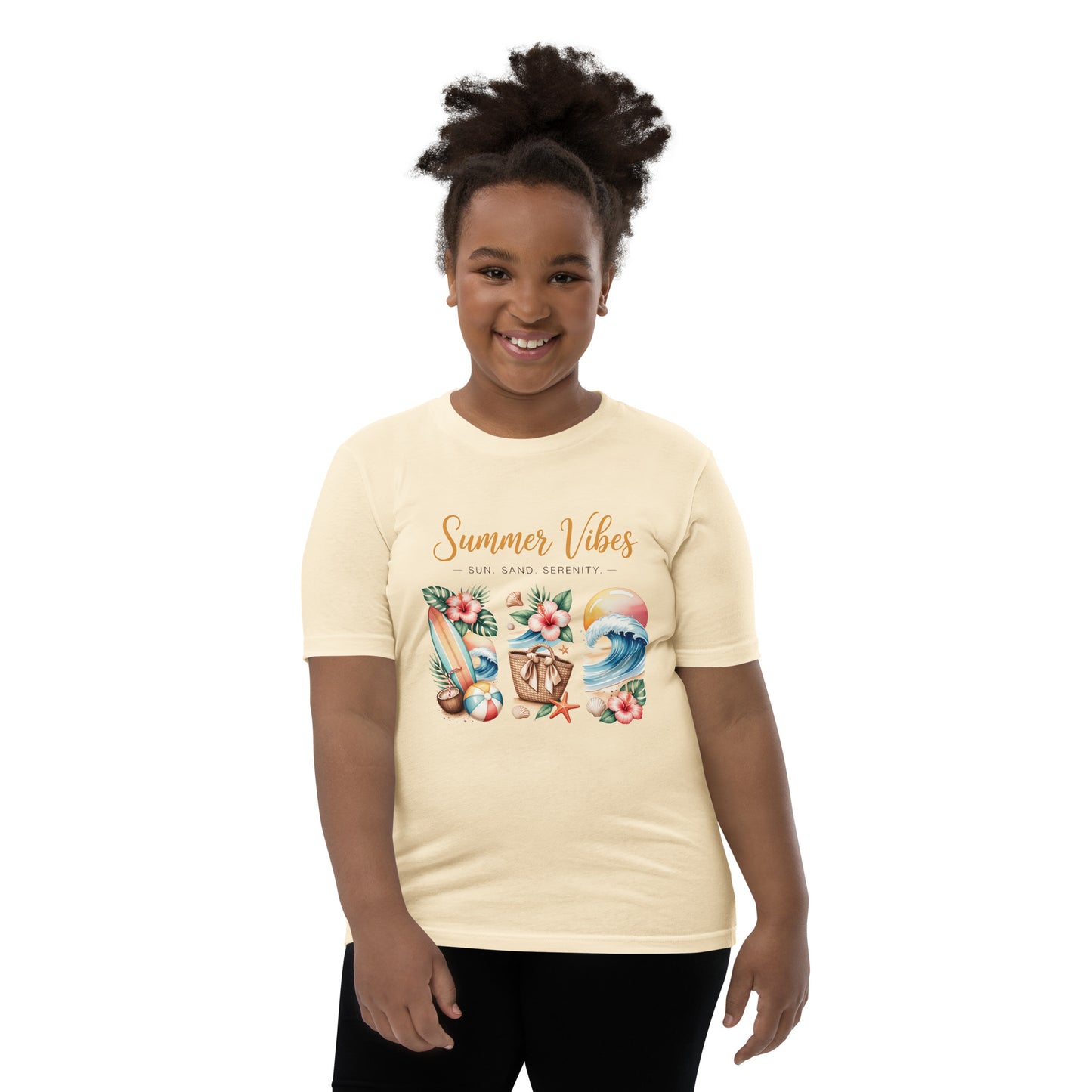 Summer Vibes Kids T-Shirt | Sun Sand Serenity Youth Beach Tee for Boys & Girls by Ortrends