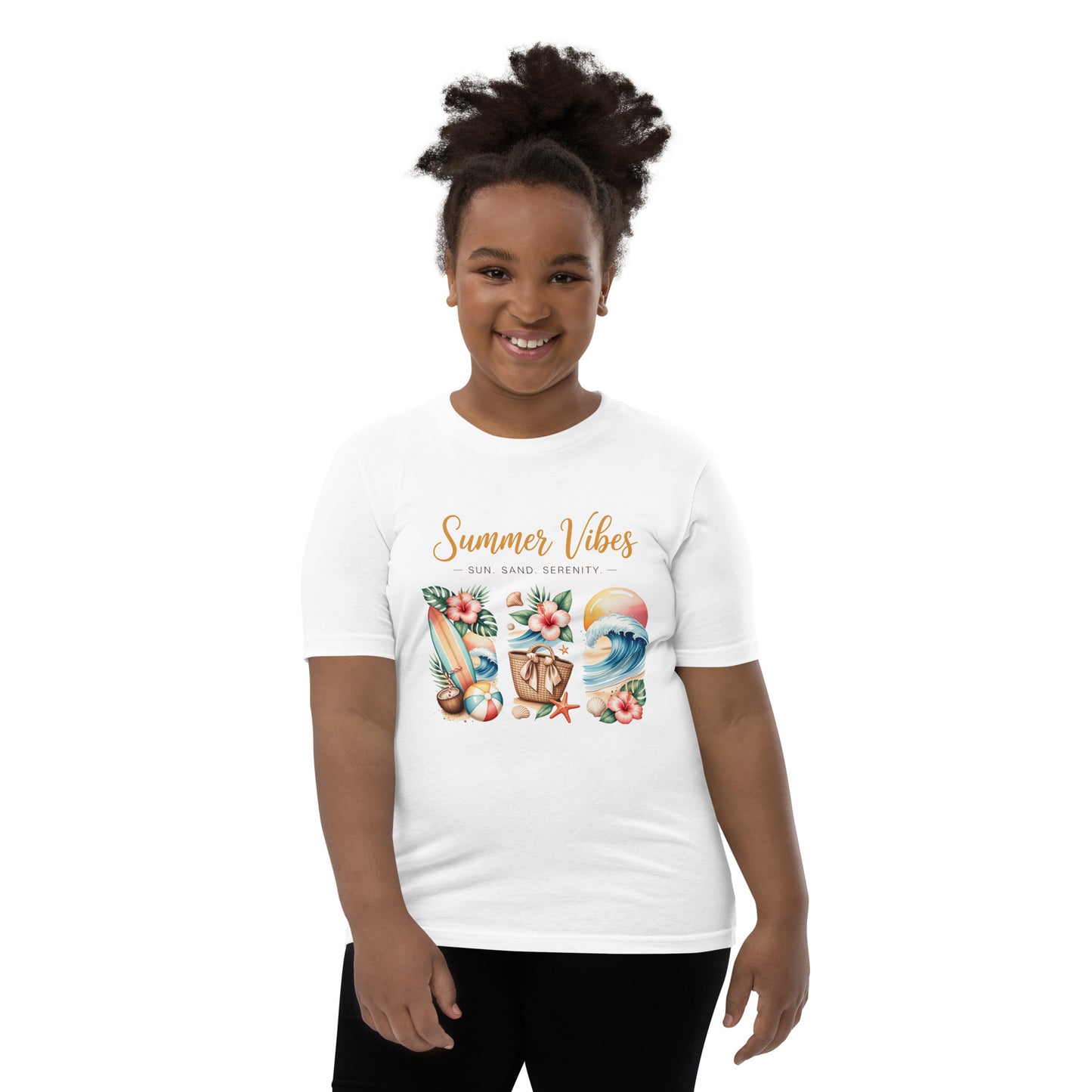 Summer Vibes Kids T-Shirt | Sun Sand Serenity Youth Beach Tee for Boys & Girls by Ortrends