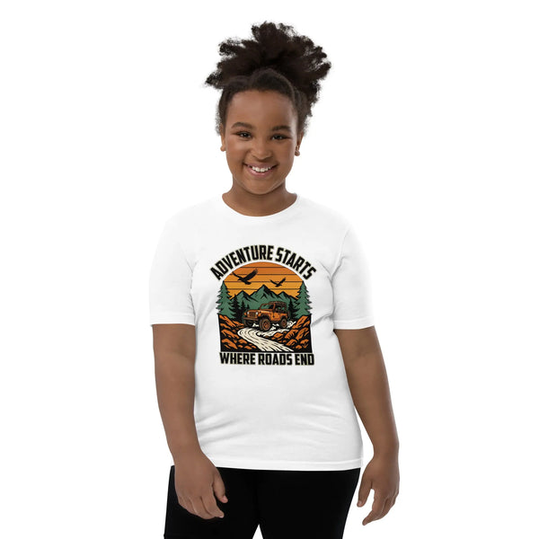 Adventure Starts Where Roads End Kids Jeep T-Shirt | Mountain Adventure Shirt for Boys & Girls by Ortrends